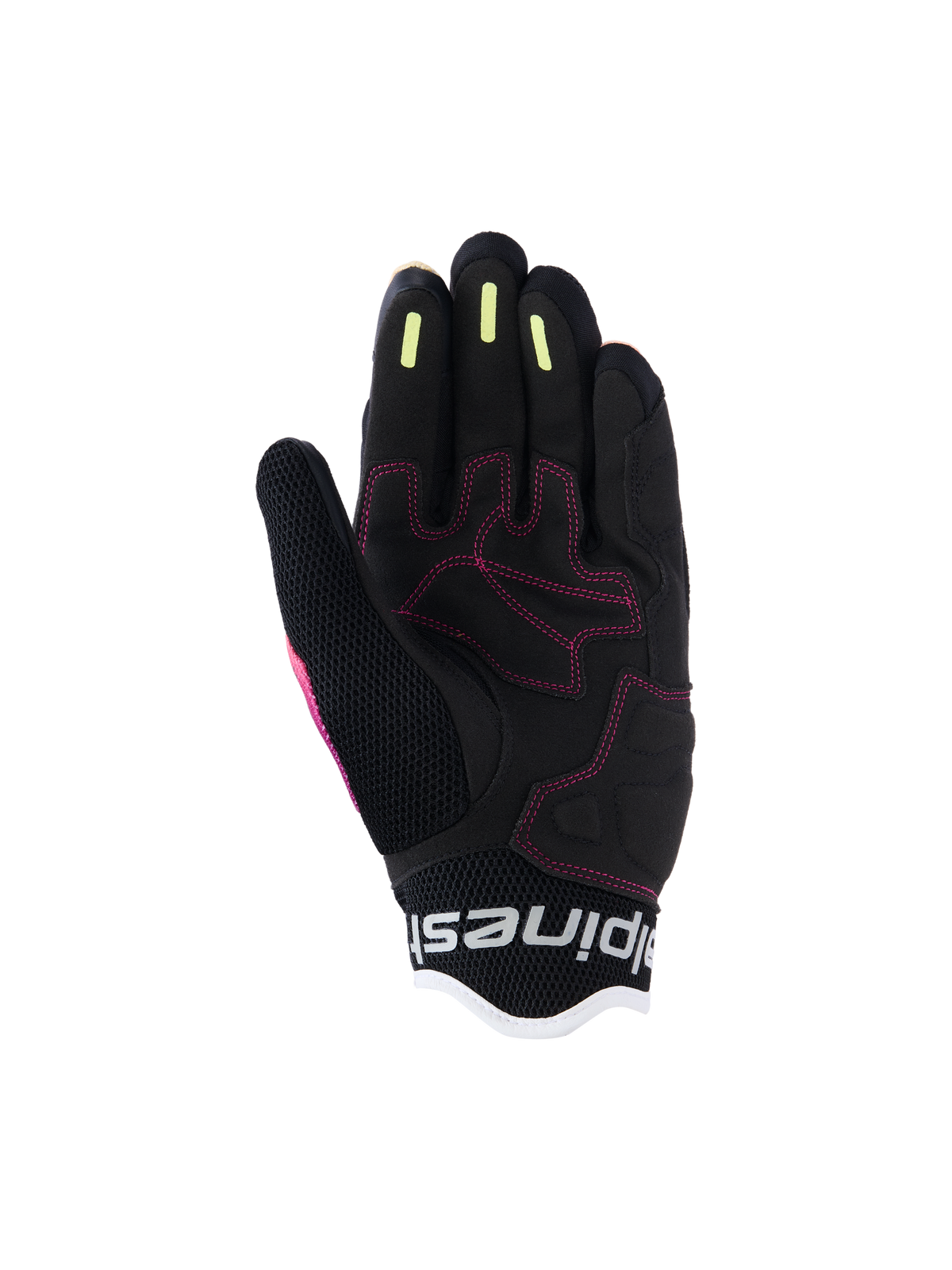 Luvas Alpinestars Stella Mogress Airflow para Mulher, luvas de motociclismo urbanas, Fading Coral Black, vista detalhada da palma com costuras cor-de-rosa, tiras de silicone amarelas para aderência nos dedos e construção em malha respirável