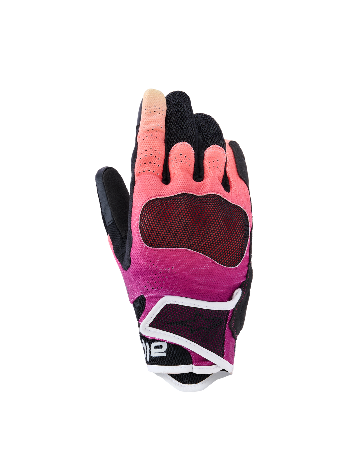 Luvas Alpinestars Stella Mogress Airflow, luvas de motociclismo para mulher, em coral degradê e preto com acabamento branco, com dorso em tecido ventilado, painéis nos dedos perfurados a laser e punho curto protetor para condução urbana.