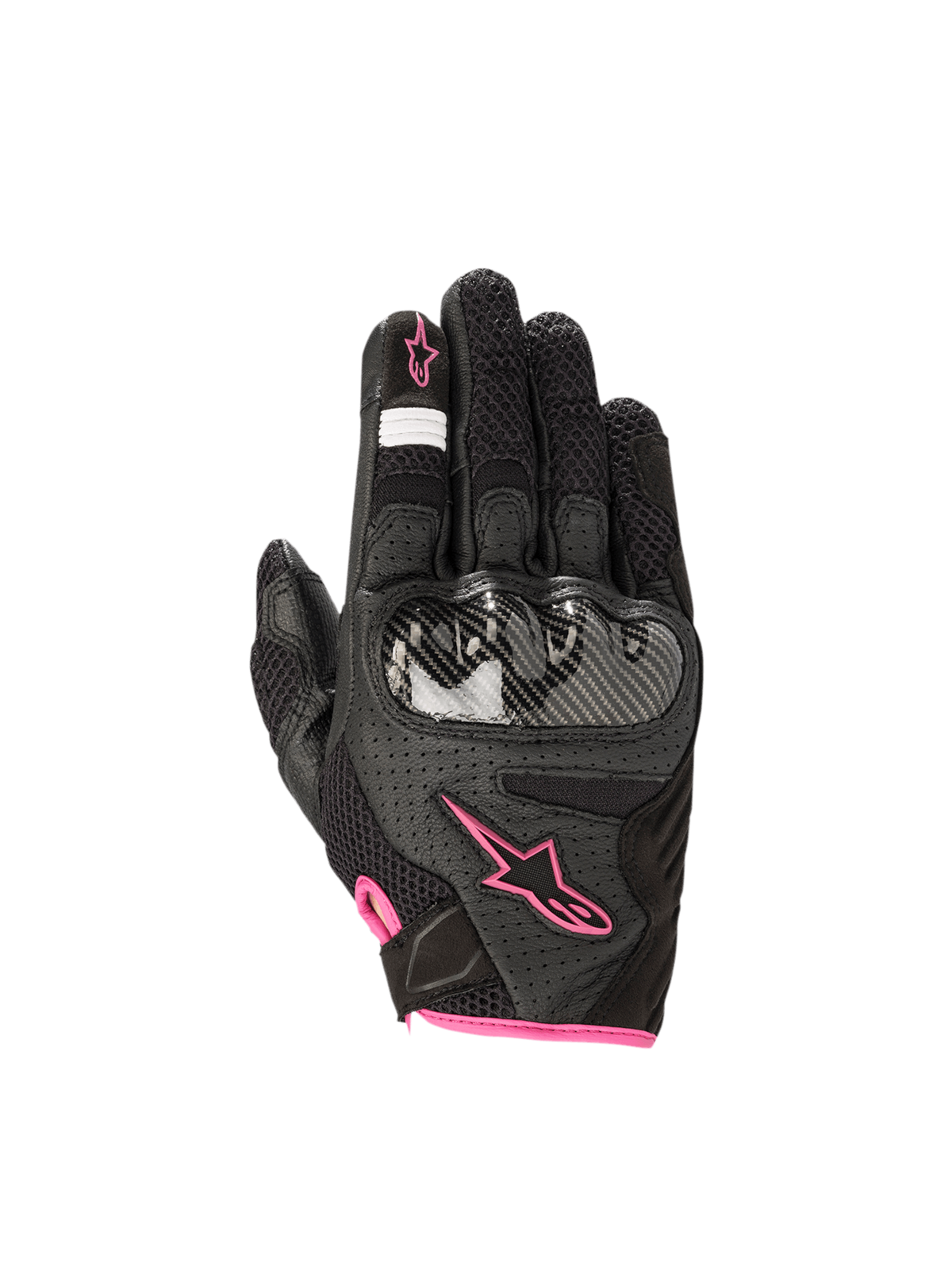 Alpinestars Stella SMX1-Air V2, luvas de moto para mulher, pretas e fúcsia, em couro e malha com proteção rígida.