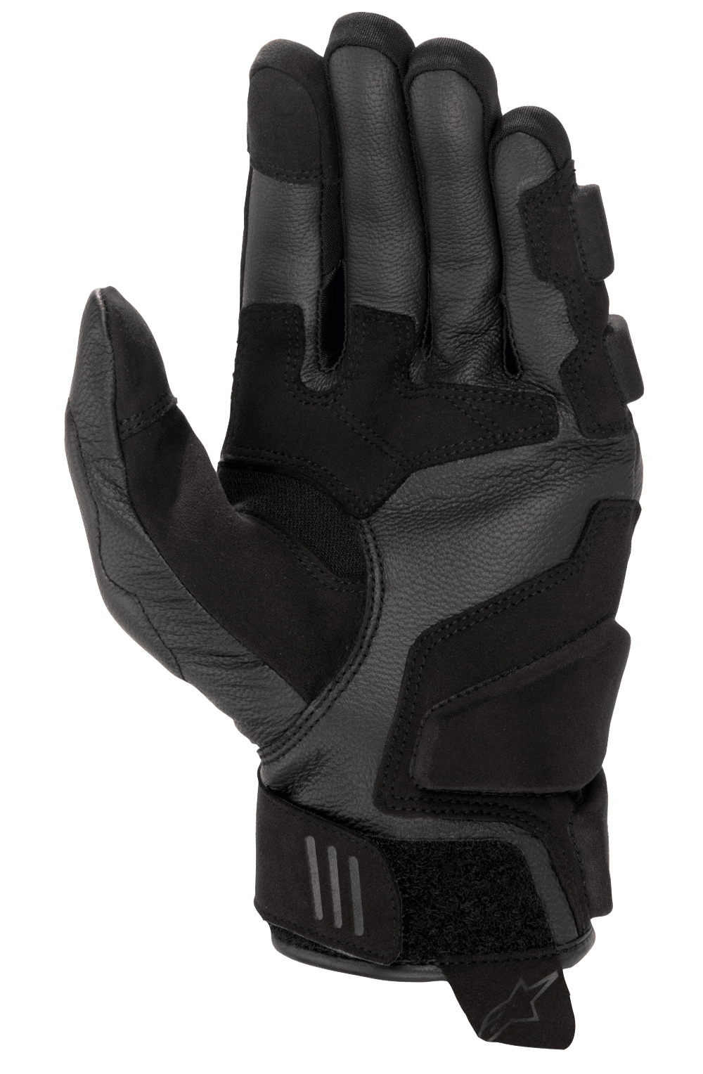 Luvas Alpinestars Stella Phenom Leather Air para mulher, pretas, vista da palma com construção em couro de cabra reforçado, zonas de impacto acolchoadas, inserções elásticas ergonómicas e fecho de velcro no pulso com aba de puxar