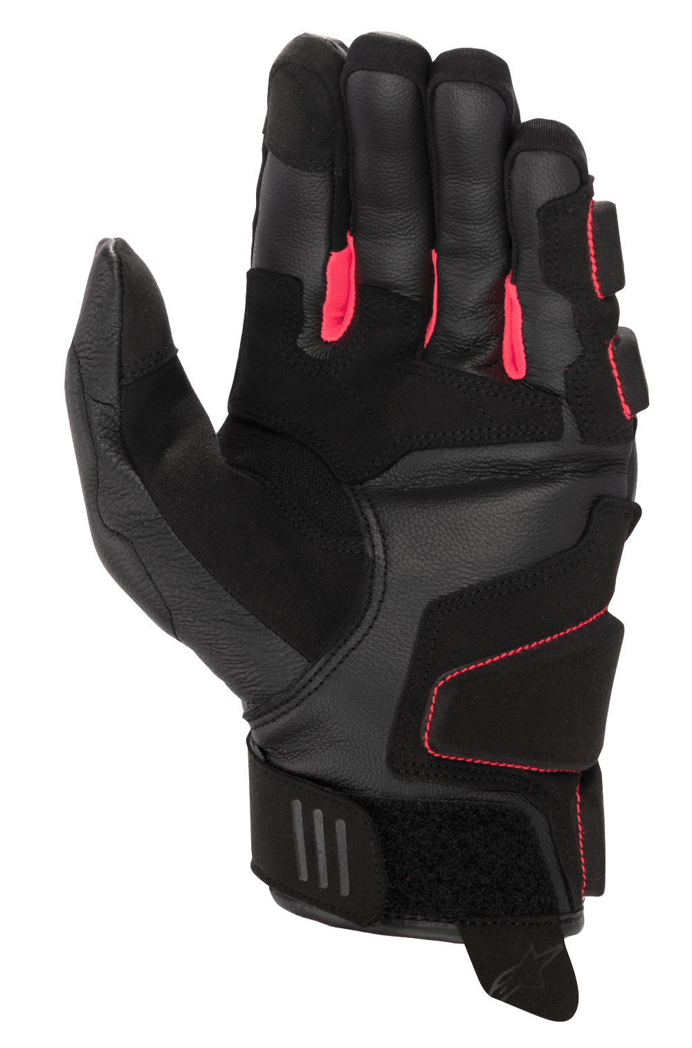 Alpinestars Stella Phenom Leather Air Glove para Mulher, luvas de motociclismo, preto e rosa diva, vista da palma com construção em couro reforçado, foles dos dedos em rosa vibrante e punho curto com fecho de velcro ajustável