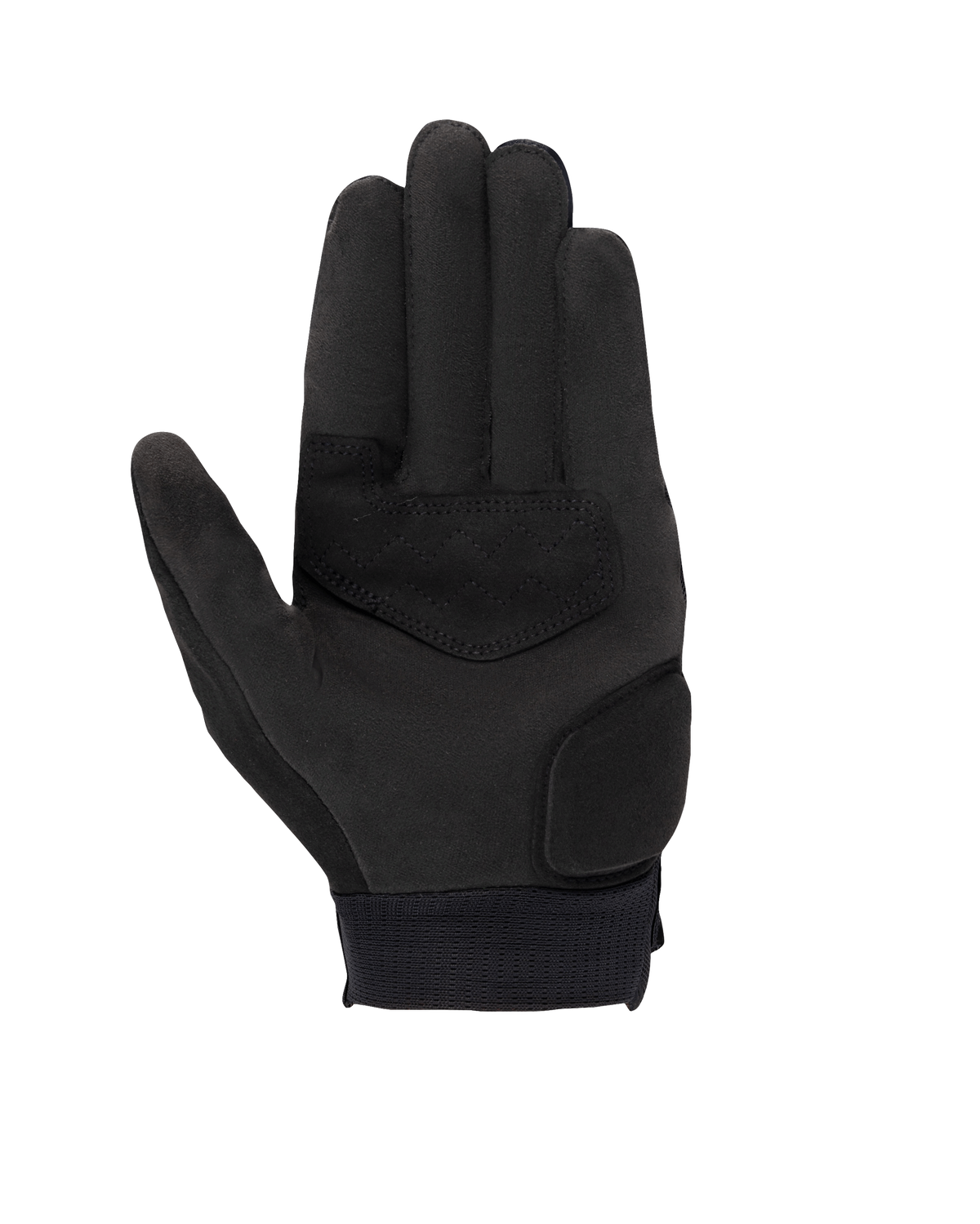 Luvas Alpinestars Stated Femininas, pretas, vista da palma mostrando material em camurça sintética, áreas da palma e do polegar reforçadas, pontas dos dedos compatíveis com ecrã tátil e punho elástico, equipamento de motociclismo urbano