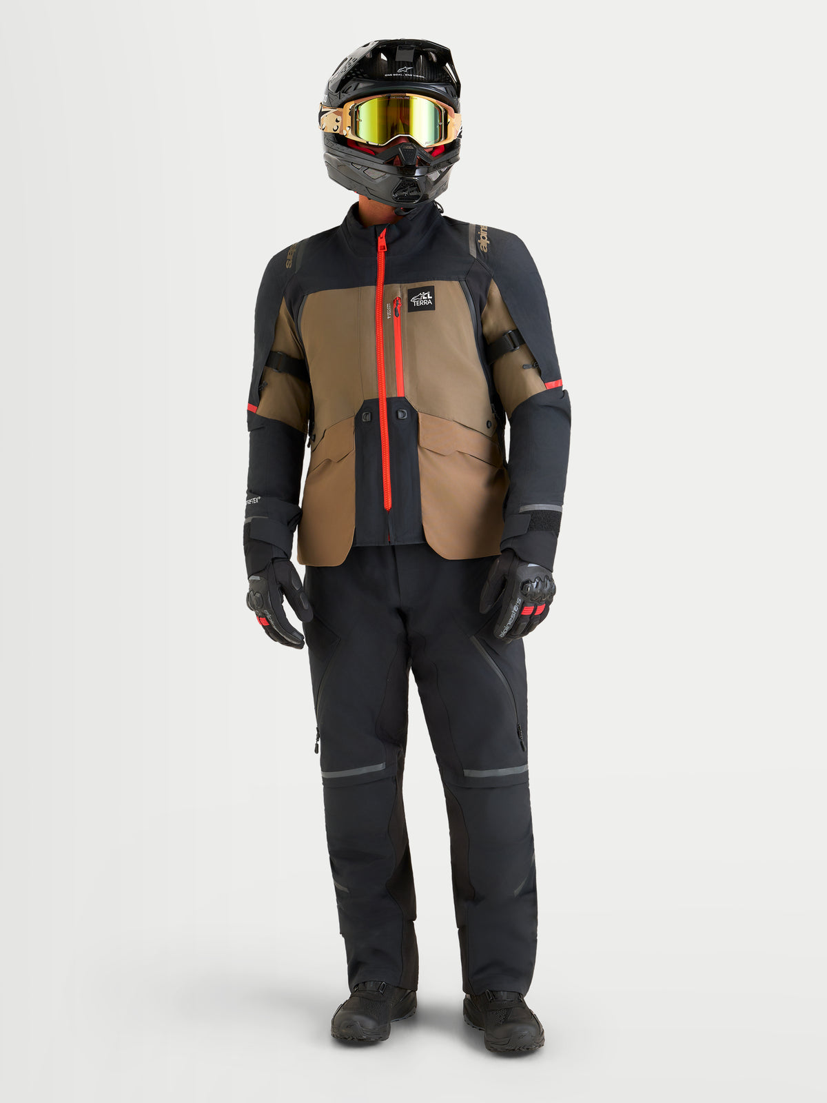 Alpinestars St-7 V2 2L Gore-Tex Jacket, Men's Walnut Black adventure touring motorcycle jacket with waterproof construction and direct ventilation, worn by a rider in full gear