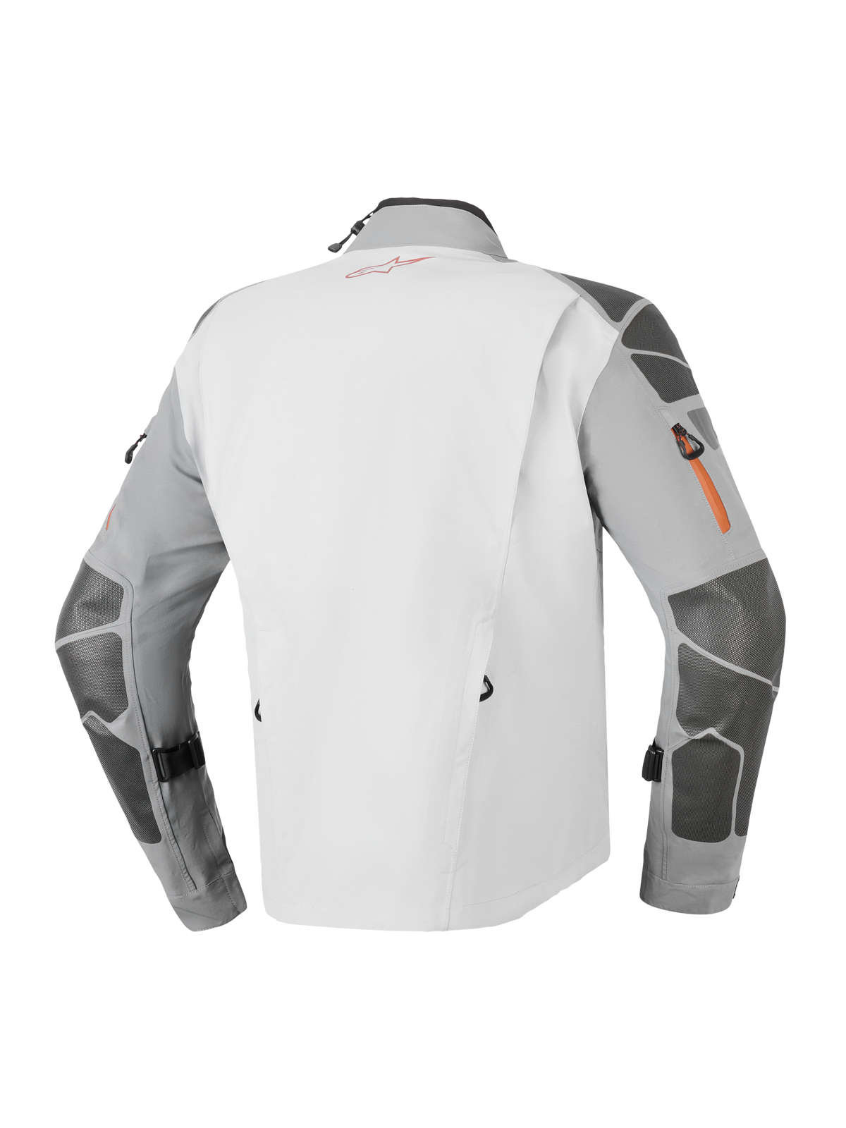 Casaco Alpinestars Nazca 3L GORE-TEX PRO, casaco de motociclismo de aventura, cinzento escuro e cinzento médio, vista traseira com reforços Superfabric nas mangas e ombros, detalhes de fechos de correr cor de laranja e construção técnica laminada de 3 camadas.