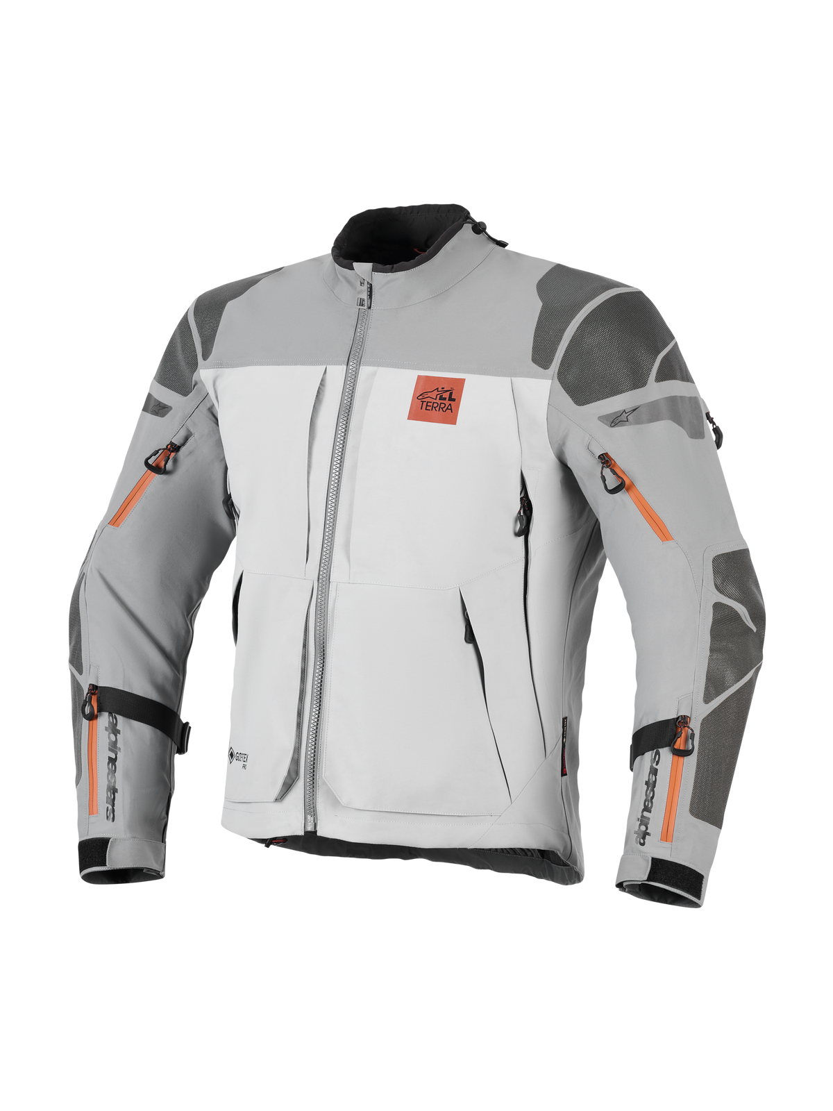 Alpinestars Nazca 3L GORE-TEX PRO Jacket, casaco de motociclismo de aventura, cinzento escuro e cinzento médio com detalhes de fechos em laranja, com logótipo All Terra no peito, reforços Superfabric nos ombros e cotovelos, múltiplas aberturas de ventilação com fecho, design de touring robusto