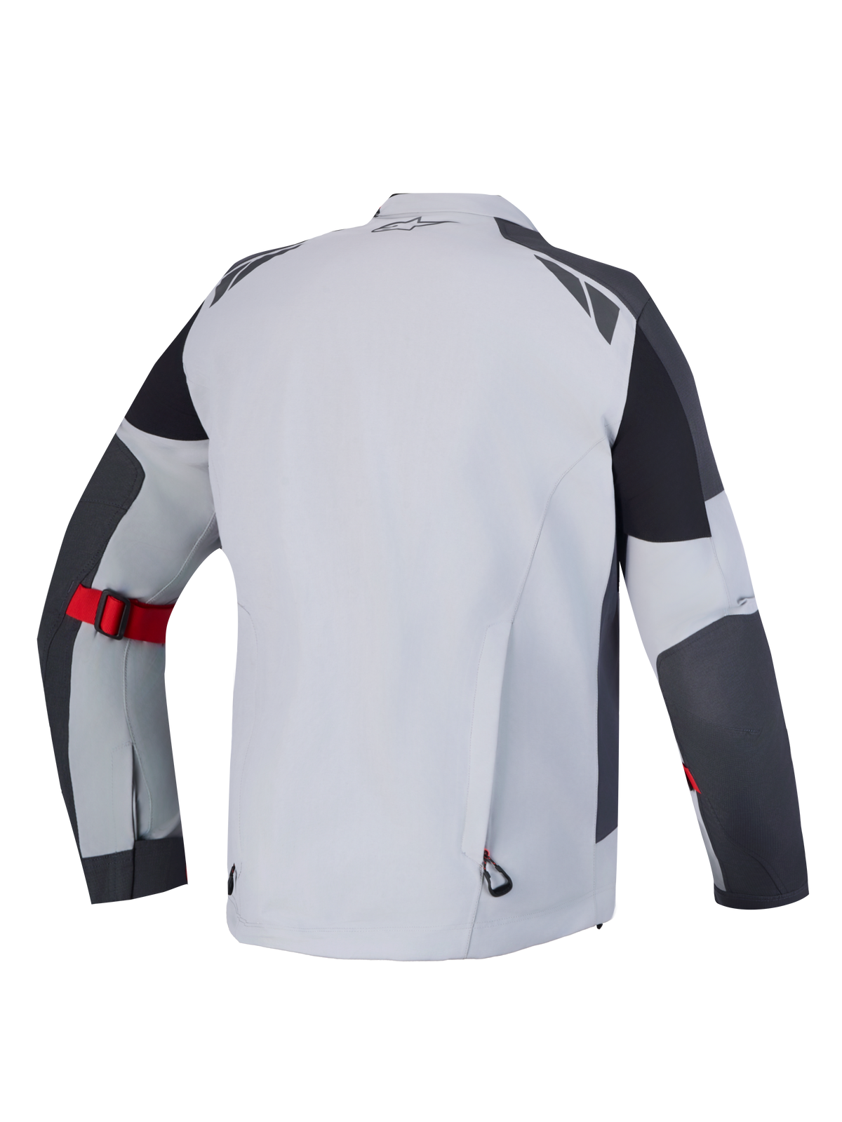 Alpinestars Arenis Gore-Tex Casaco, casaco de moto para touring em aventura, vista traseira em cinzento-claro, cinzento-escuro e preto com correia de ajuste no antebraço vermelha e construção impermeável