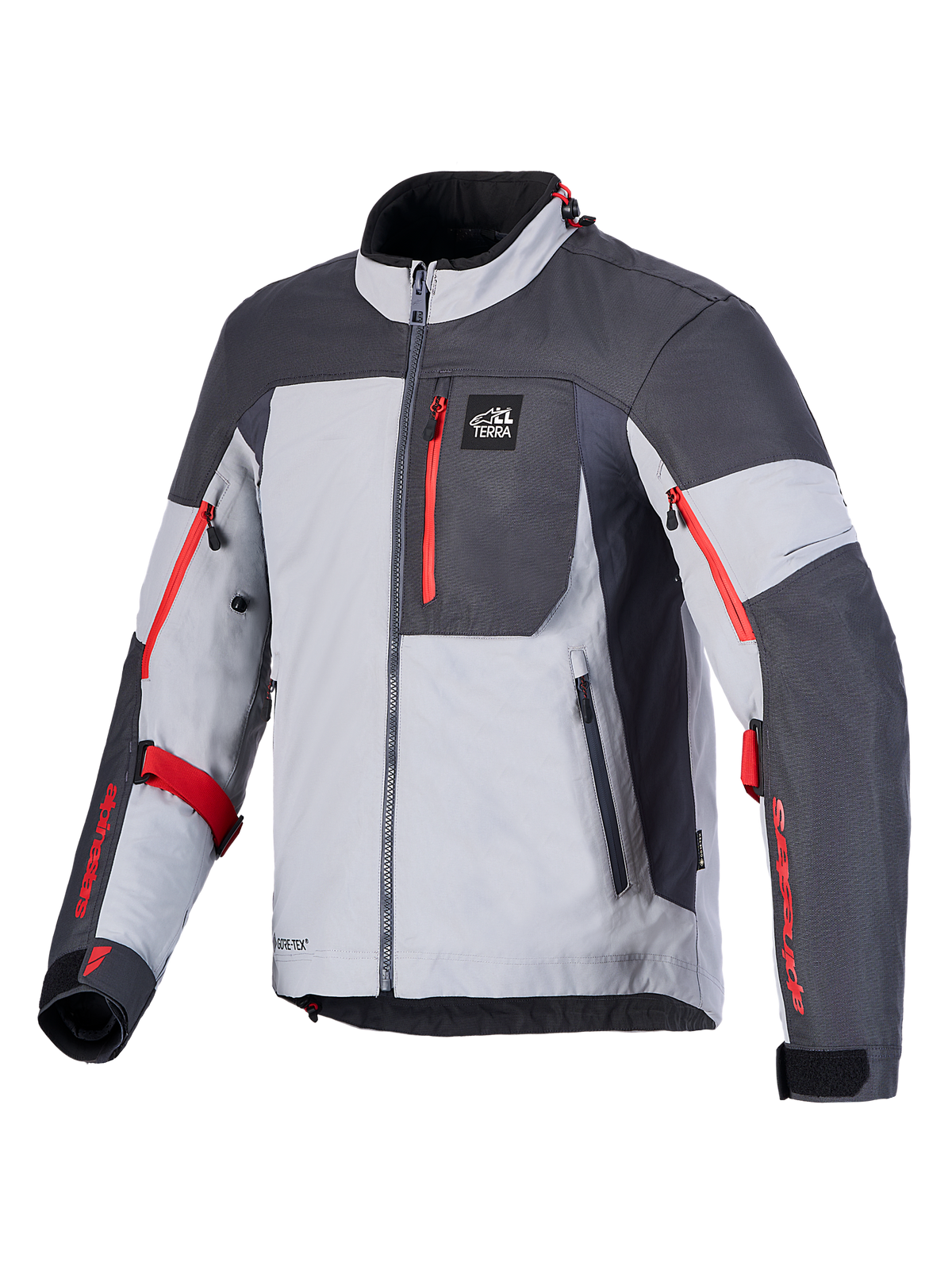 Alpinestars Arenis Gore-Tex, casaco de moto para adventure touring, cinzento, cinzento escuro e preto com apontamentos em vermelho, certificado CE com construção GORE-TEX laminada