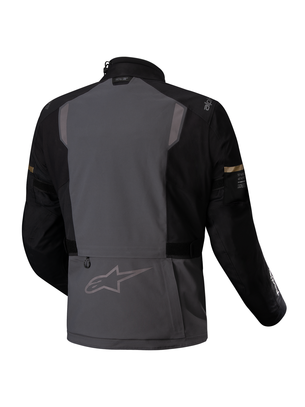 Alpinestars Jaqueta ST-7 2L GORE-TEX, casaco de moto touring para adventure, vista traseira em cinzento e preto, com detalhes refletores e certificado CE