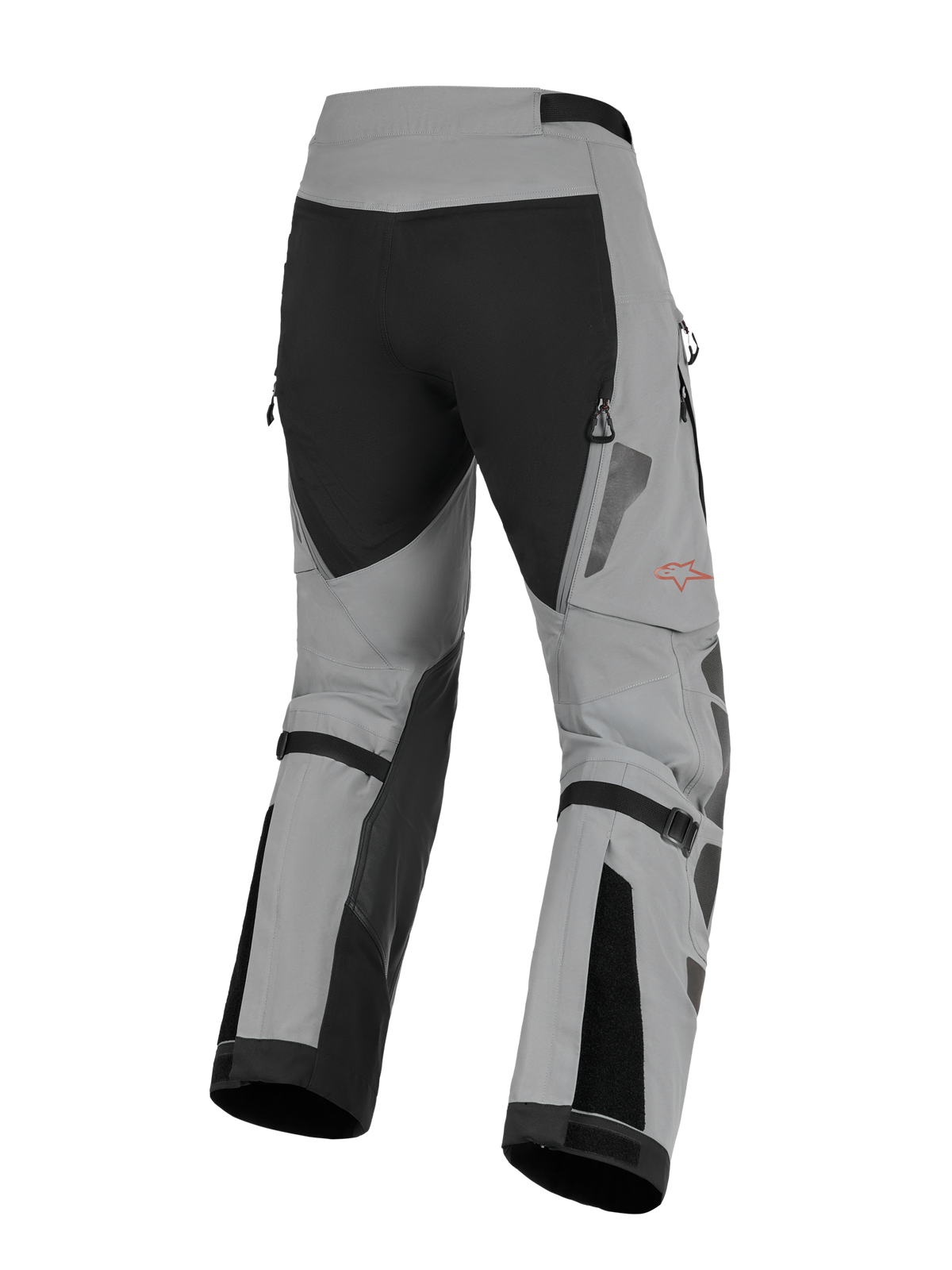 Alpinestars Nazca 3L GORE-TEX PRO Pants, Adventure Motorcycle Riding Pants, Dark Gray and Black, rear view showing calf volume adjusters and zippered exhaust vents, durable textile construction with a red Alpinestars logo on the leg