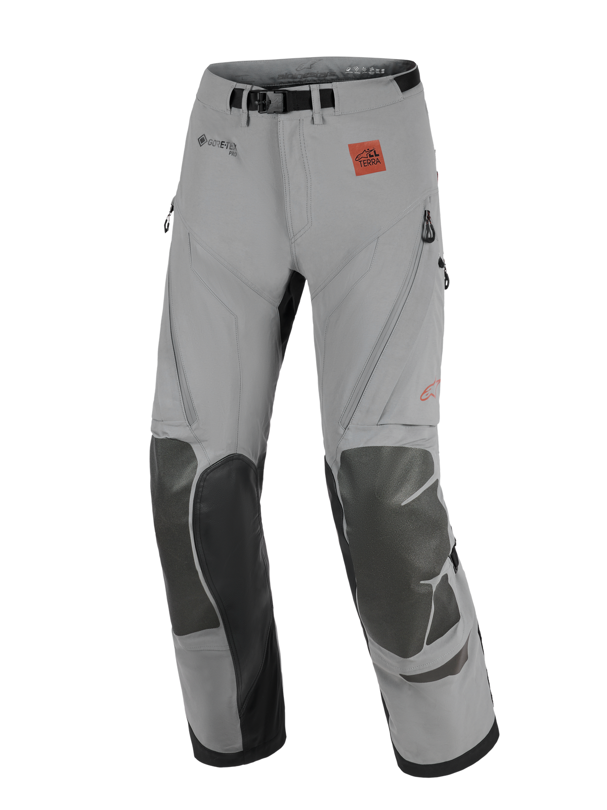 Alpinestars Nazca 3L GORE-TEX PRO Pants, adventure motorcycle pants, Dark Gray and Black, featuring reinforced knee panels, GORE-TEX PRO branding, and All Terra logo, technical design for off-road and touring