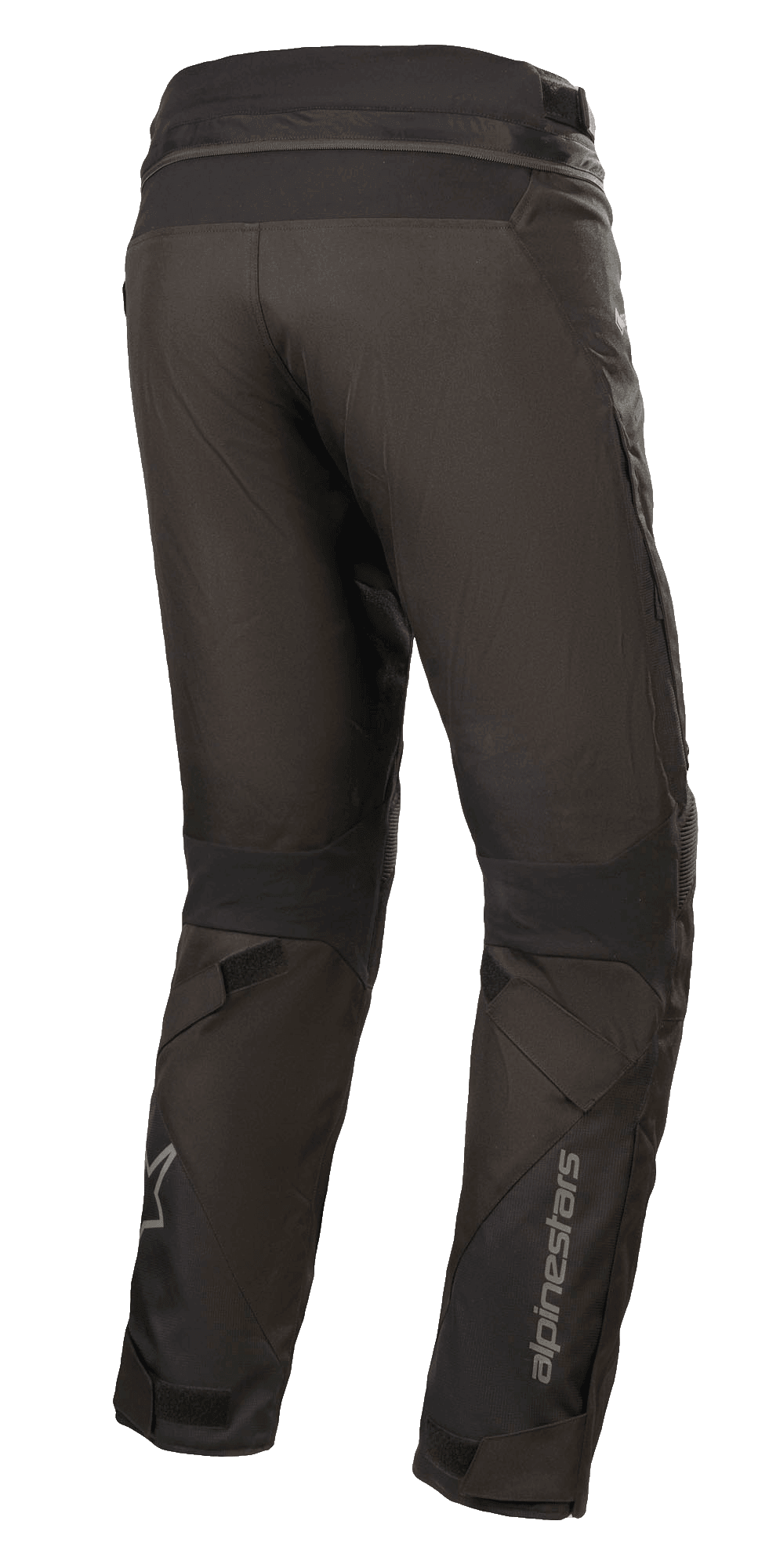 Calças Alpinestars Road Pro GORE-TEX, calças de motociclismo pretas, vista traseira que mostra o corte touring ajustado, construção em tecido técnico, logótipo Alpinestars na parte inferior da perna, painéis elásticos em acordeão e correias ajustáveis para touring de aventura.