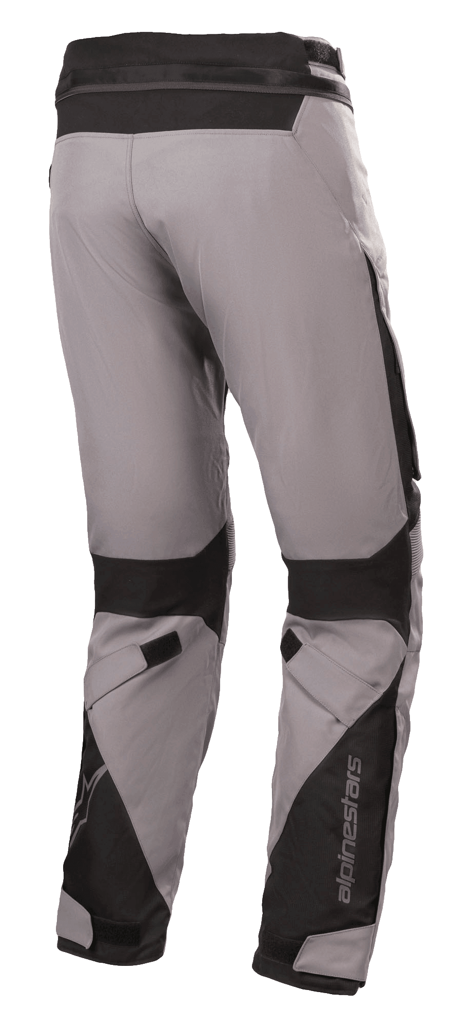 Calças Alpinestars Road Pro GORE-TEX, calças de motociclismo de touring, cinzento escuro e preto, vista traseira com construção em tecido técnico, reforços em nylon balístico preto, tiras ajustáveis nos joelhos e tornozelos, e logótipo Alpinestars.