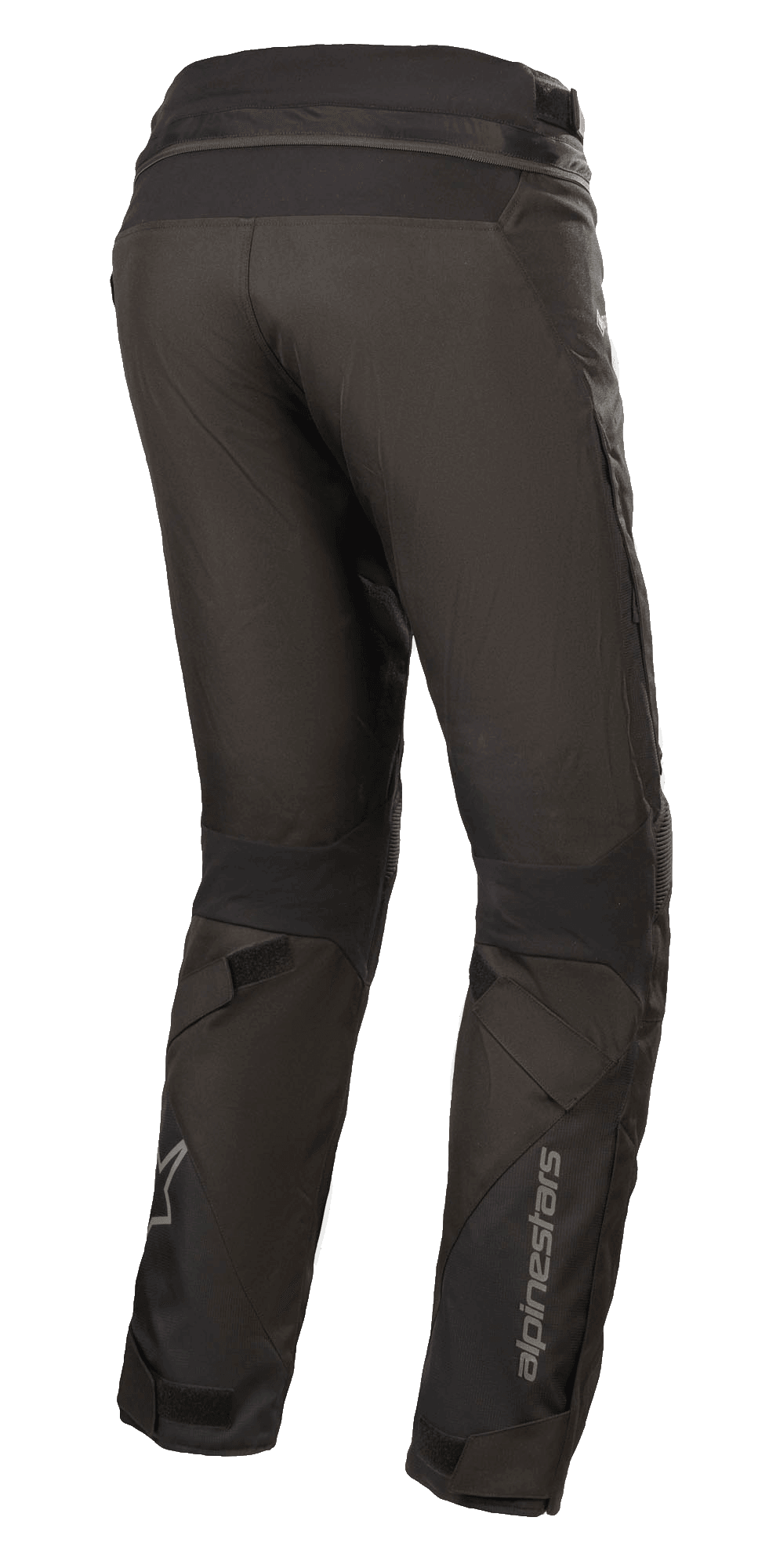 Calças Alpinestars Stella Road Pro GORE-TEX para Mulher, pretas, vista traseira de três quartos, calças de motociclismo em tecido técnico com logótipo Alpinestars refletor na parte inferior da perna, corte cônico, ajustadores de perna em velcro e fecho de correr de conexão na cintura para adventure touring.