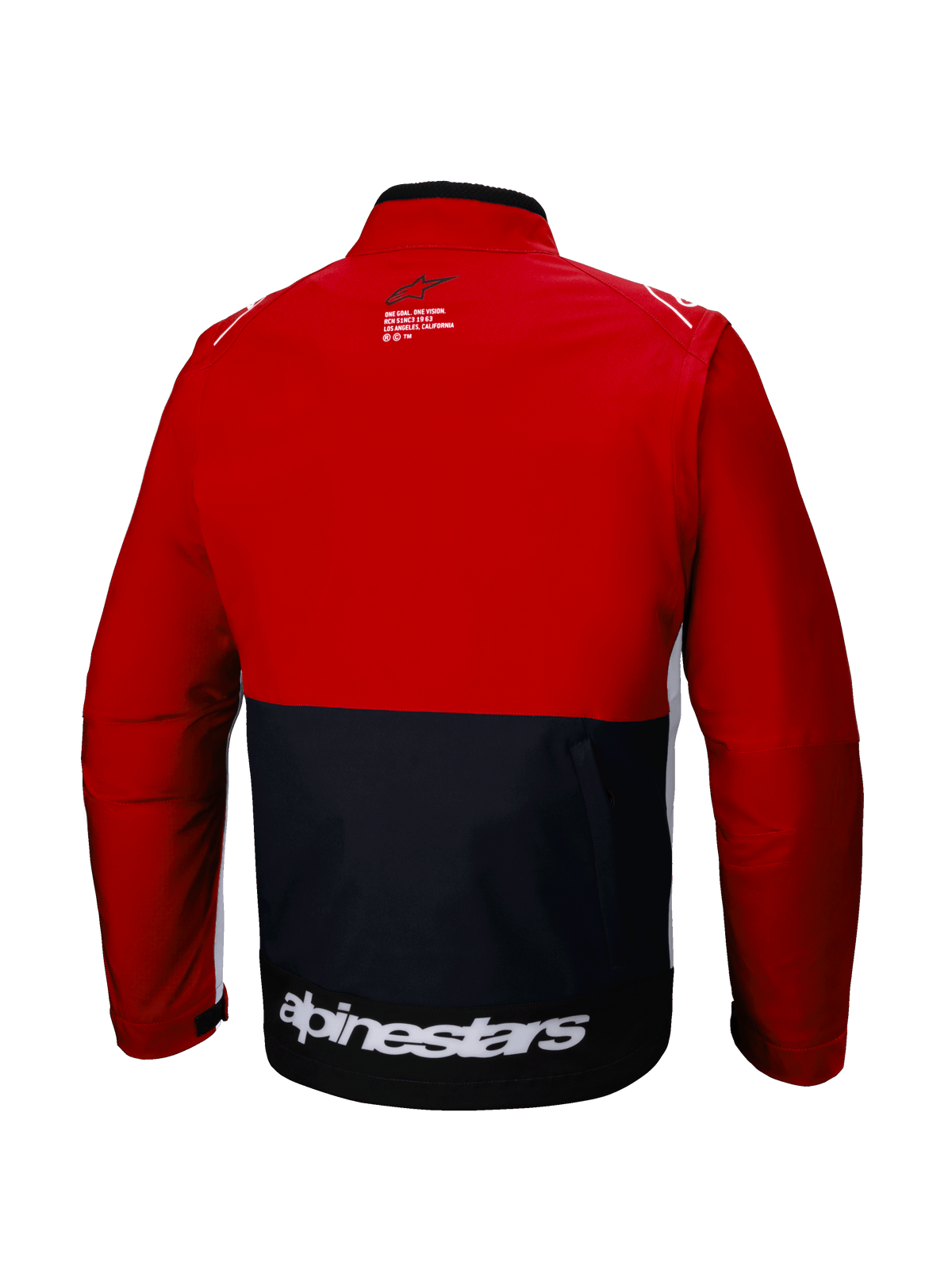 Casaco Alpinestars Lite-Dura Softshell, vista traseira, casaco de enduro para todo-o-terreno, preto e vermelho vivo com detalhes brancos, logótipo Alpinestars branco na parte inferior das costas, design com blocos de cor, bolso traseiro funcional, softshell modular para motocross e trail.