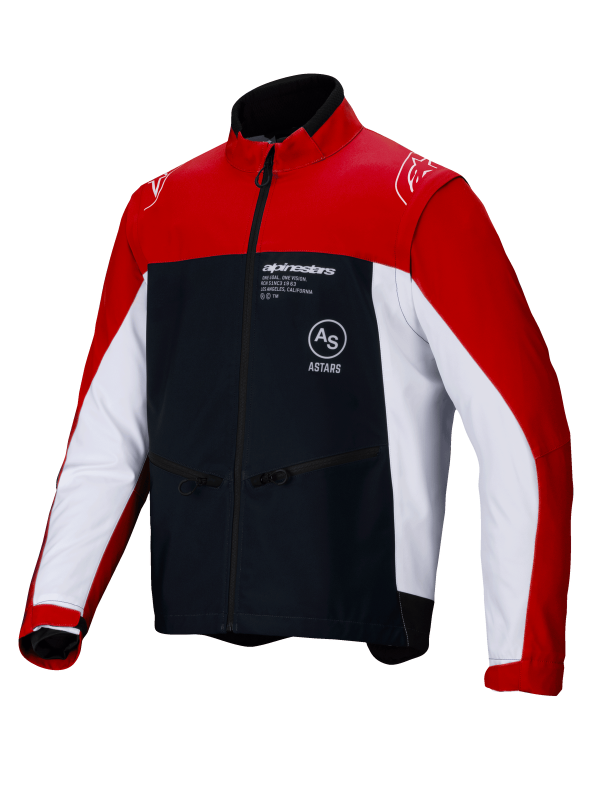 Casaco Alpinestars Lite-Dura Softshell, casaco de motociclismo para enduro e off-road, preto, vermelho brilhante e branco, com um design color-block com ombros e mangas exteriores a vermelho, painéis laterais brancos e peito em preto com logótipo Alpinestars, bolsos com fecho de correr e design de gola alta