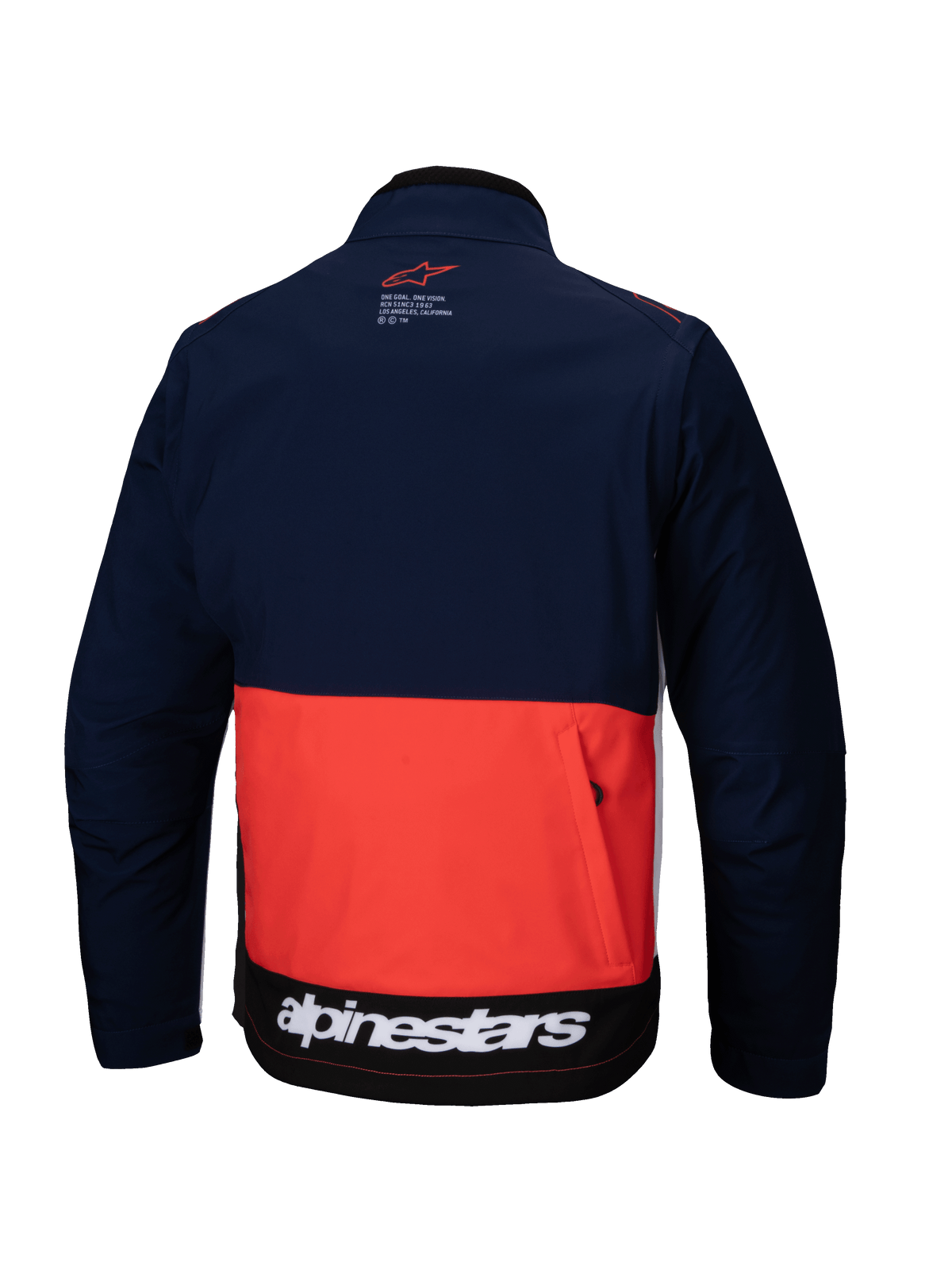 Casaco Alpinestars Lite-Dura Softshell, azul-marinho, laranja e branco, vista traseira com design de blocos de cor, bolso traseiro grande com fecho, logótipo Alpinestars branco na bainha inferior