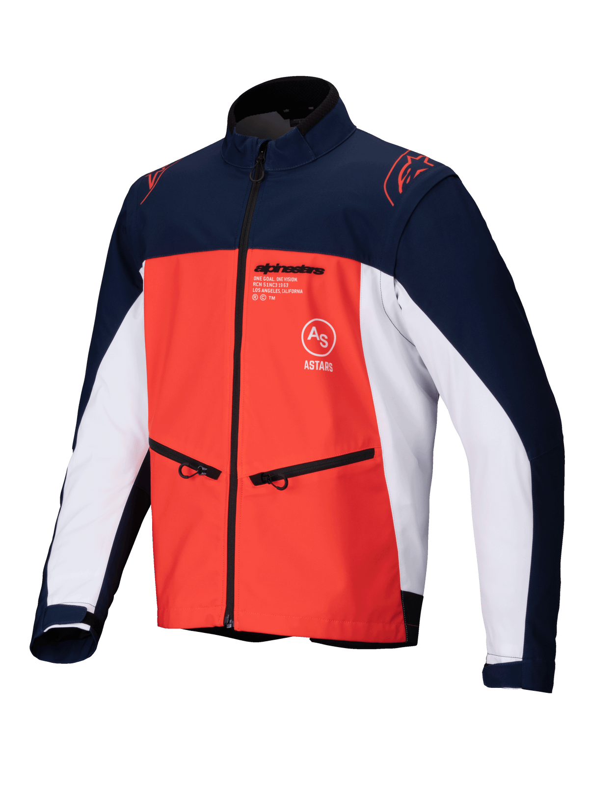 Casaco Alpinestars Lite-Dura Softshell, azul-marinho, laranja vibrante e branco, vista frontal de um casaco técnico de todo-o-terreno com bolsos de mão com fecho de correr, logótipos no peito e material elástico durável para a prática de enduro.