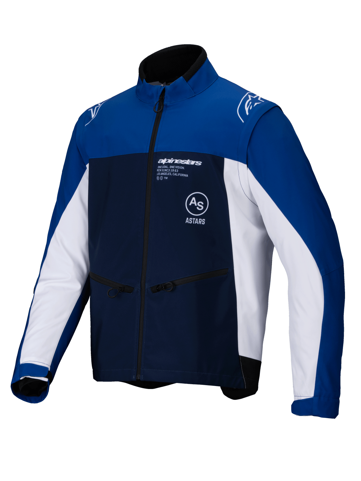 Casaco Alpinestars Lite-Dura Softshell, casaco de motociclismo off-road, azul-marinho, azul brilhante e branco, fecho de correr frontal integral e bolsos de mão com fecho, logótipo Alpinestars no peito e nos ombros, material softshell durável para a prática de enduro