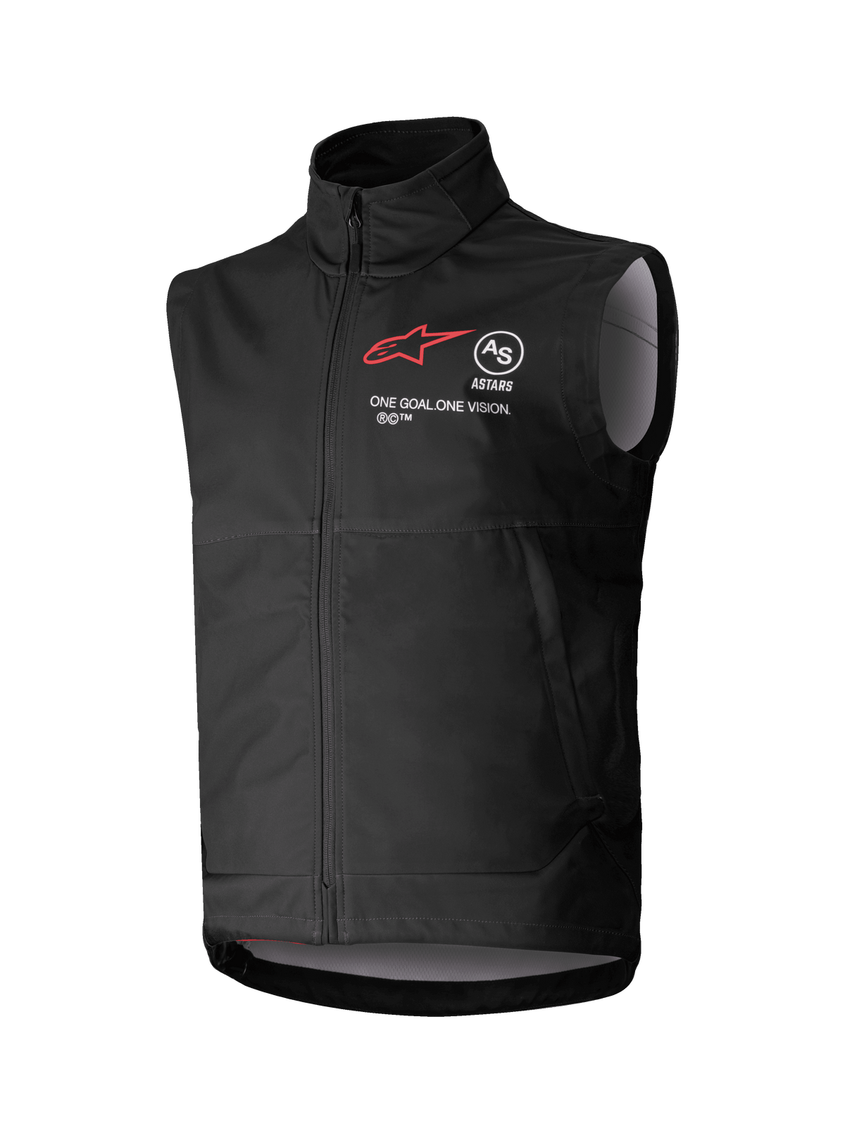 Alpinestars Techstar Softshell Vest, colete sem mangas para motocross preto, gola alta com fecho de correr frontal, com logótipo de estrela vermelho e marcas "ASTARS" e "ONE GOAL. ONE VISION." no peito, tecido softshell leve e à prova de vento com forro interior cinzento claro, concebido para condução todo-o-terreno