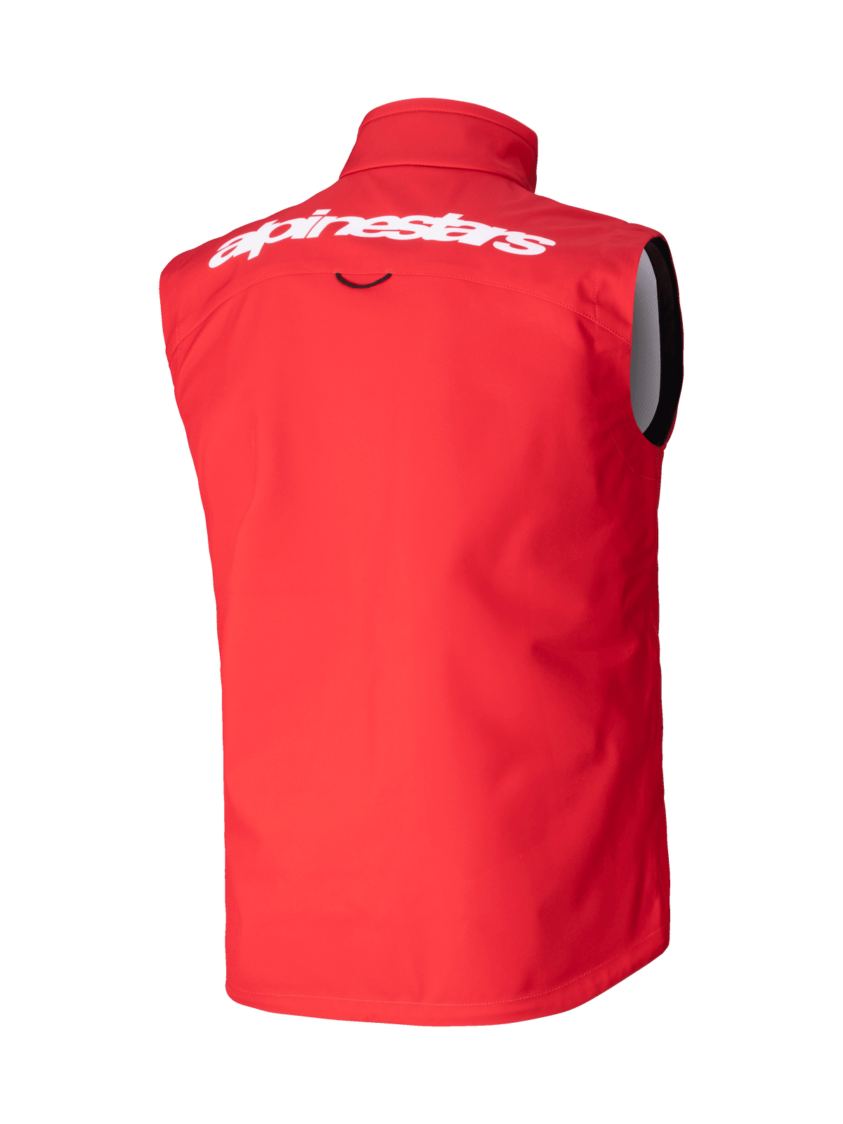 Colete Alpinestars Techstar Softshell, colete de motocross, vermelho brilhante, vista traseira apresentando a marca nominativa Alpinestars em branco na parte superior das costas, material softshell elástico e à prova de vento, design ergonómico sem mangas para condução todo-o-terreno