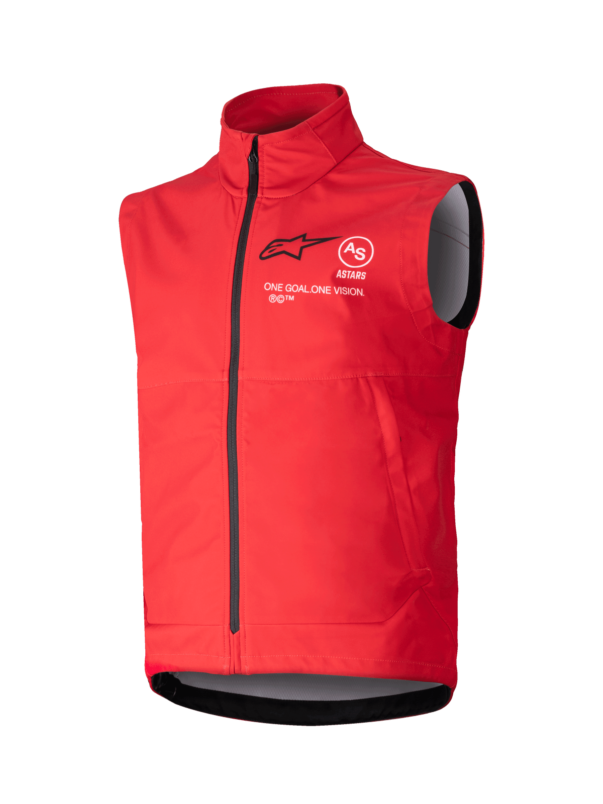 Alpinestars Techstar Softshell Vest, colete sem mangas à prova de vento em vermelho vivo, gola alta com fecho frontal preto, logótipo ASTARS em branco e preto com o lema 'ONE GOAL ONE VISION' no peito, forro interior cinzento, design desportivo para motocross