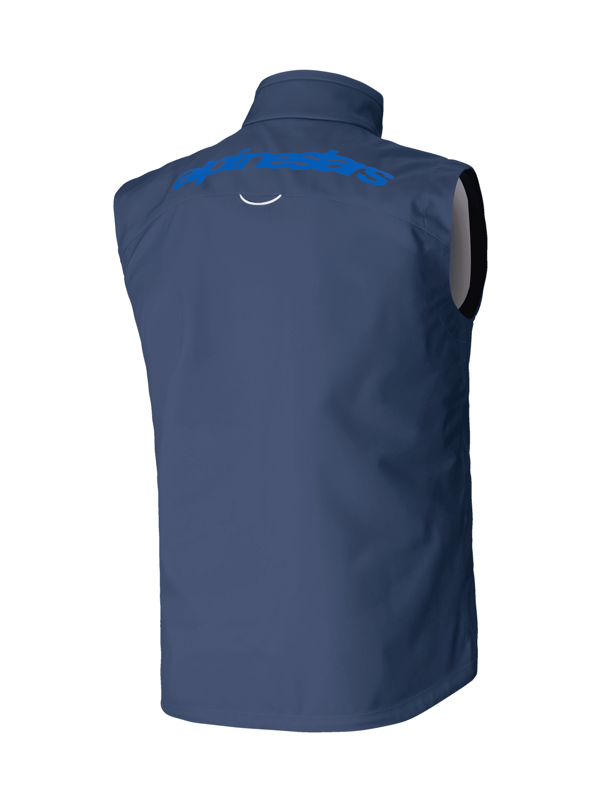 Colete Alpinestars Techstar Softshell, azul-marinho, vista traseira com logótipo Alpinestars em azul claro nos ombros, construção em softshell elástico e à prova de vento para motocross e todo-o-terreno