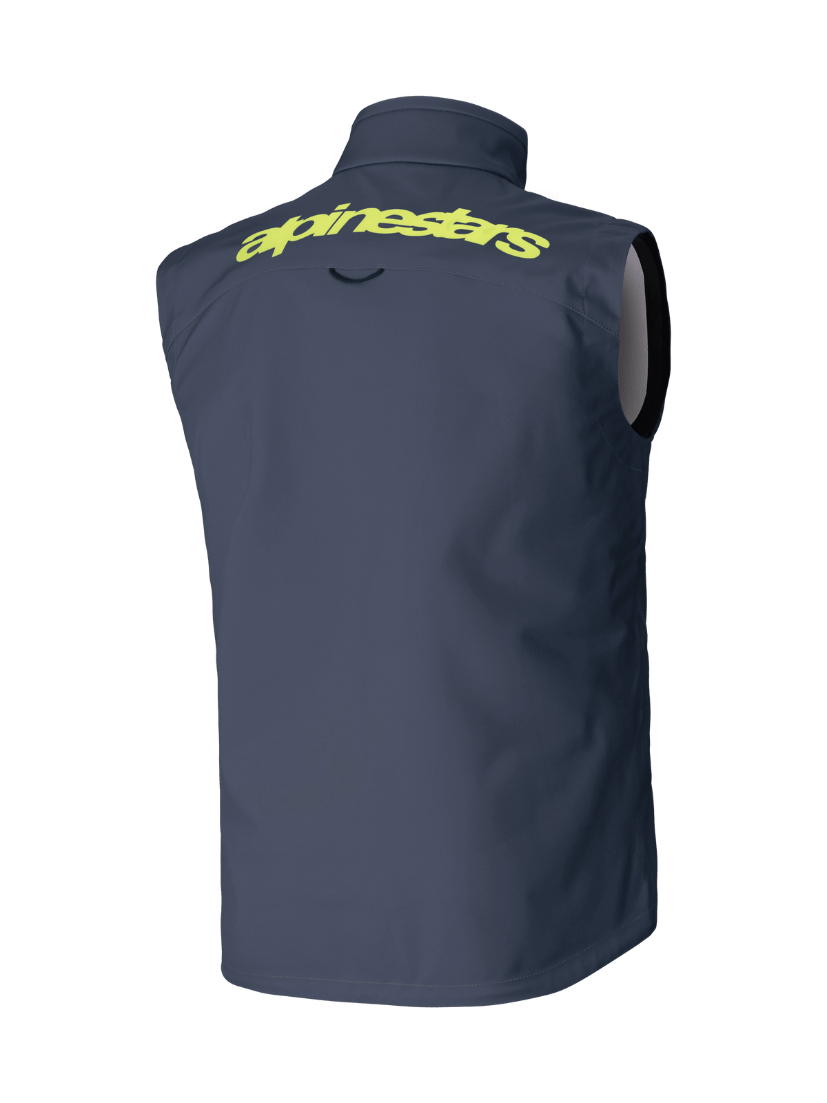 Colete Alpinestars Techstar Softshell, cinzento escuro, vista traseira, com o logótipo Alpinestars em amarelo nos ombros, design sem mangas à prova de vento, equipamento de performance para motocross e todo-o-terreno