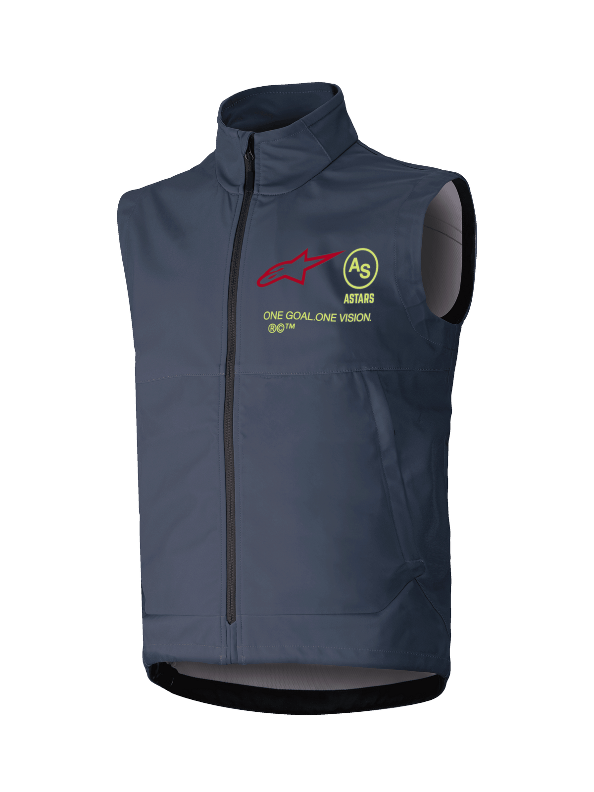 Alpinestars Techstar Softshell Vest, colete de motocross sem mangas, cinzento-escuro, gola alta com fecho frontal completo, com logótipo de estrela vermelho, emblema circular AS amarelo, texto ASTARS e slogan ONE GOAL ONE VISION no peito, camada corta-vento para condução todo-o-terreno