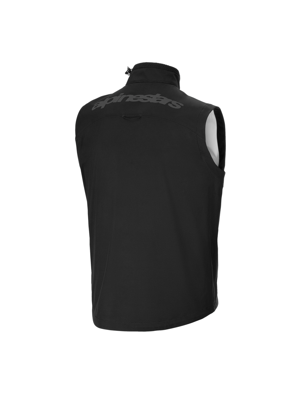 Colete Alpinestars Youth Techstar Softshell, colete de motocross, preto, vista traseira, com logótipo Alpinestars tonal na parte superior das costas, gola alta com ajuste por cordão elástico, material softshell leve e à prova de vento.