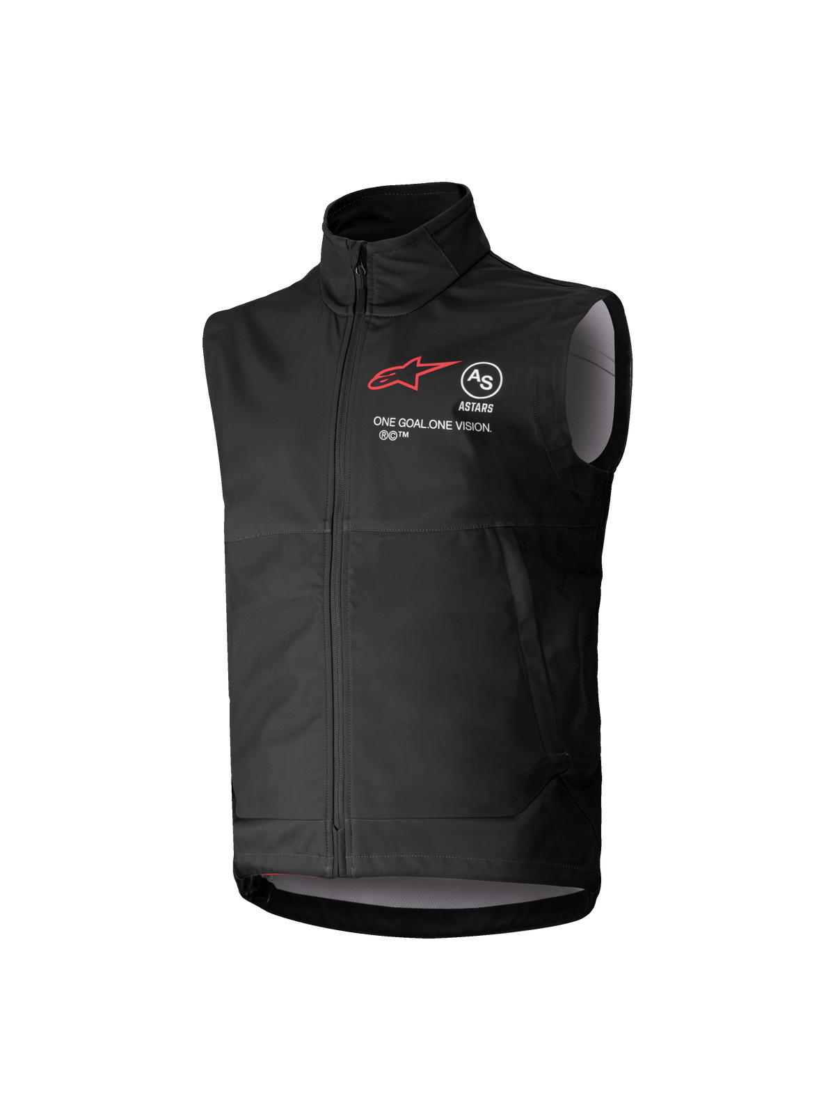 Alpinestars Youth Techstar Softshell Vest, colete de motocross sem mangas para jovem, preto, logótipo de estrela vermelha, gola alta, fecho frontal, branding "ONE GOAL. ONE VISION.", forro interior cinzento claro, vestuário de desportos motorizados para jovens