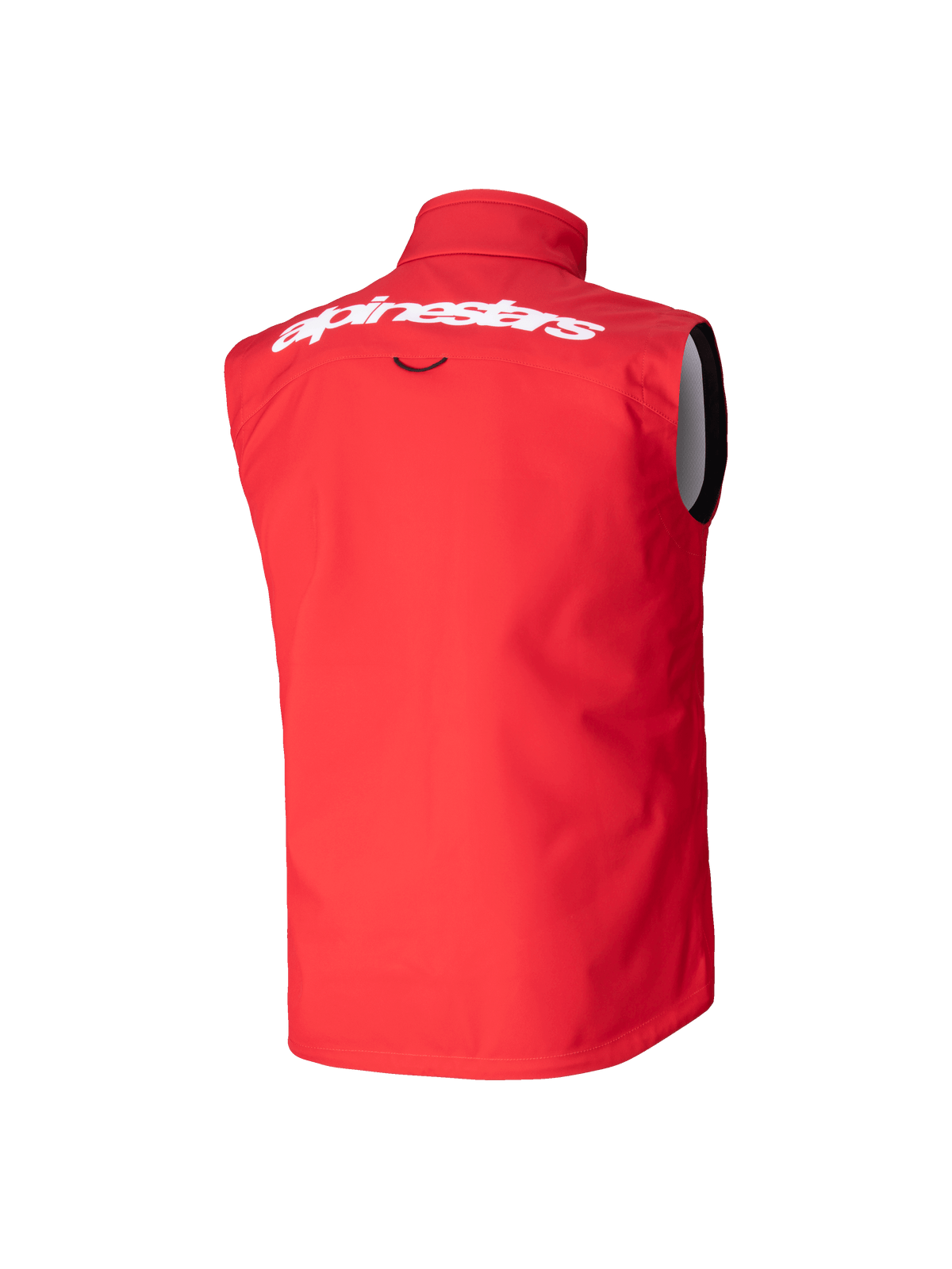 Alpinestars Youth Techstar Softshell Vest, Motocross Vest, Bright Red, rear view featuring large white Alpinestars wordmark on the upper back, sleeveless softshell design with a high collar for wind protection.