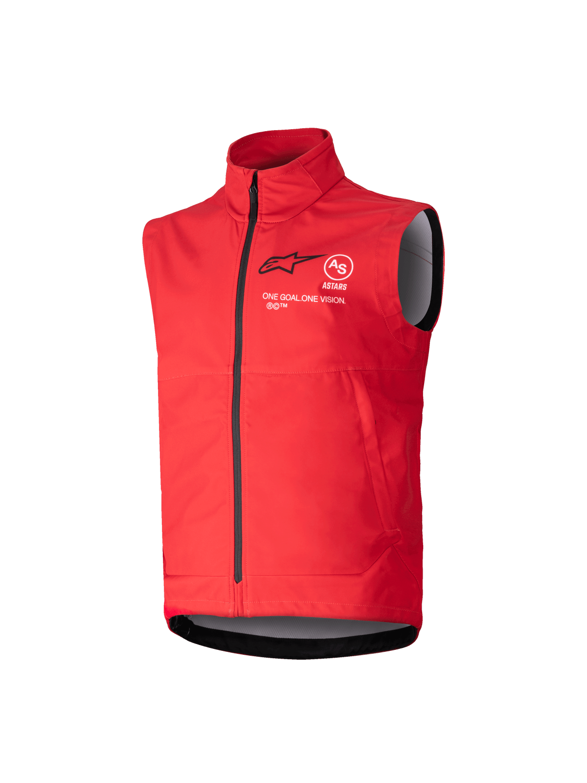 Alpinestars Youth Techstar Softshell Vest, Bright Red, Motocross Windproof Vest, high collar with full-length black zipper, sleeveless design with gray interior lining, black logo and white text branding on the chest