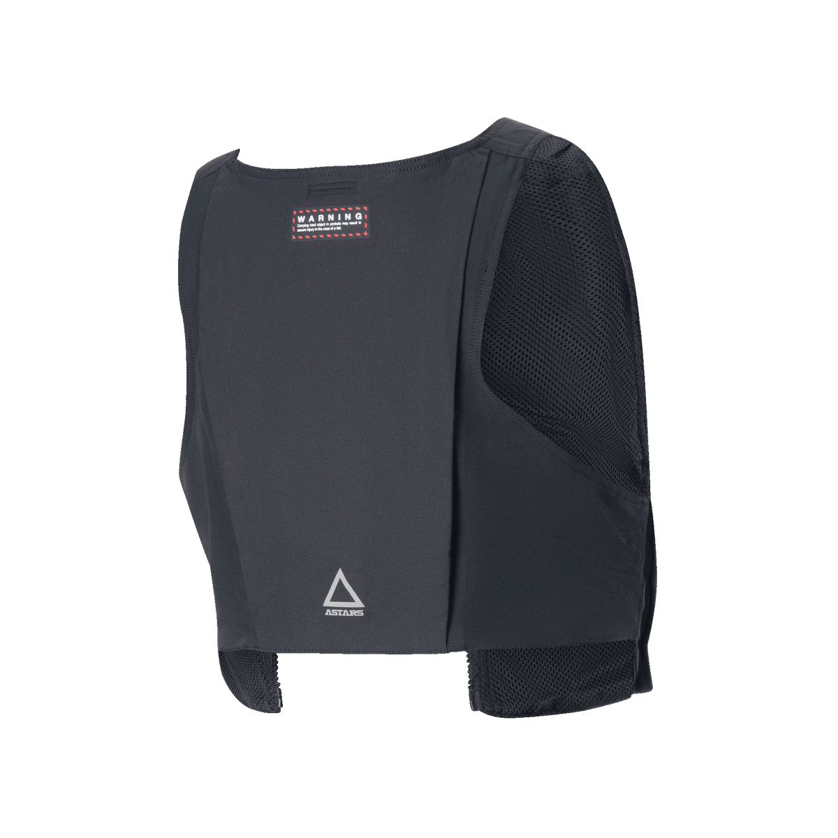Alpinestars Techdura Tactical Vest, Detachable Pack for Techdura Jacket, Black Reflex, Rear View, featuring mesh side panels for breathability, warning label on upper back, and ASTARS triangle logo at the bottom, modular enduro riding gear