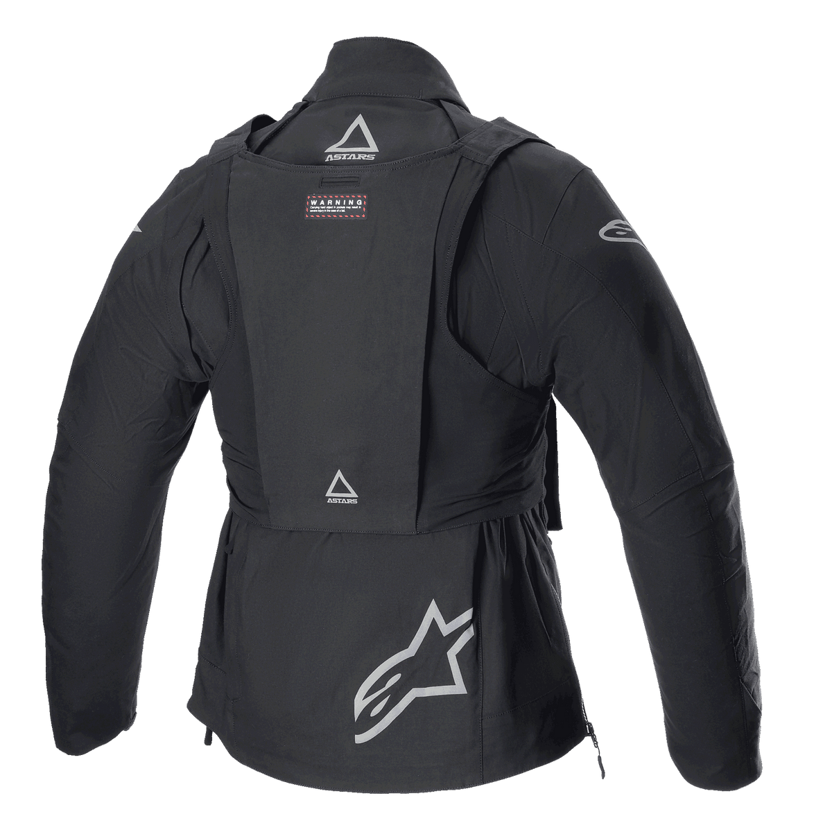 Alpinestars Techdura Jacket with Tactical Pack, Off-Road Motorcycle Jacket, Black Reflex, rear view featuring detachable tactical vest with ASTARS logos, large star logo on the lower back, rugged modular construction for enduro riding