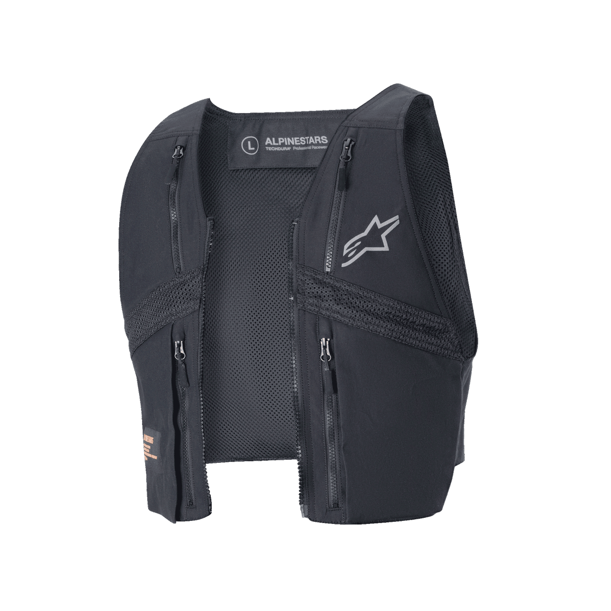Alpinestars Techdura Tactical Vest, detachable modular vest for Techdura Jacket, Black Reflex, featuring four zippered pockets and breathable mesh, reflective star logo, technical gear for enduro and off-road riding