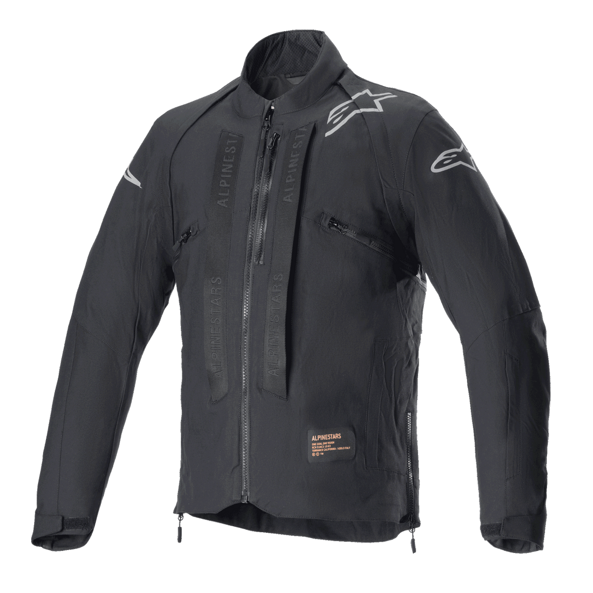 Alpinestars Techdura Jacket, Black Reflex off-road motorcycle jacket, featuring white star logos on shoulders, tonal Alpinestars branding on chest panels, front zipper, and durable textile construction, technical enduro design.
