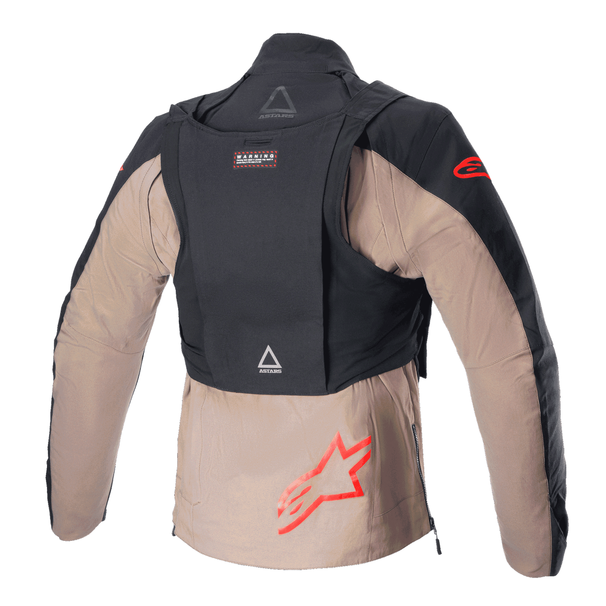 Alpinestars Techdura Jacket, Black Falcon Brown, back view featuring the detachable tactical pack, red Alpinestars star logos, rugged textile construction for enduro and off-road riding