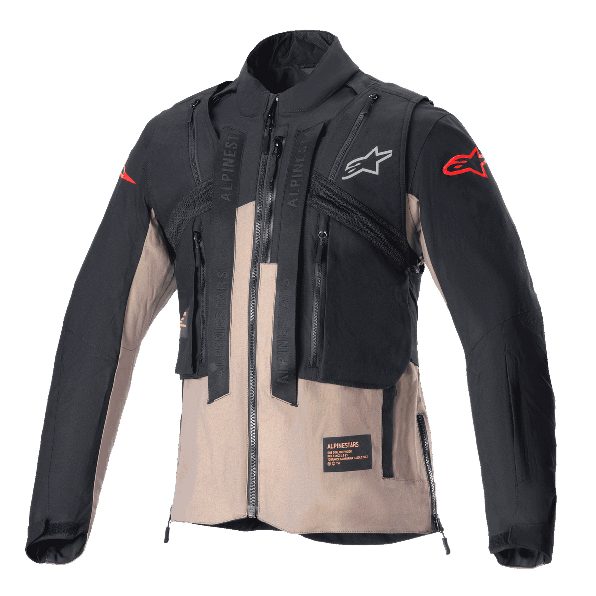 Alpinestars Techdura Jacket, Off-Road Enduro Jacket, Black and Falcon Brown, featuring a modular design with an integrated tactical vest, multiple utility pockets, durable textile construction, and Alpinestars logos on the chest and sleeves.