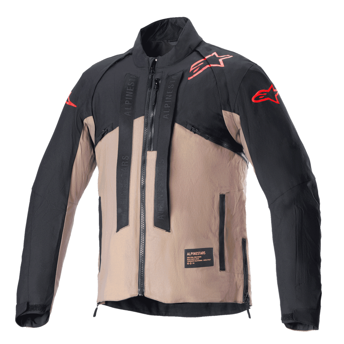 Alpinestars Techdura Jacket, Off-Road Motorcycle Jacket, Black Falcon Brown, two-tone design with red star logos on shoulders and sleeves, vertical Alpinestars-branded straps on the chest, durable textile material