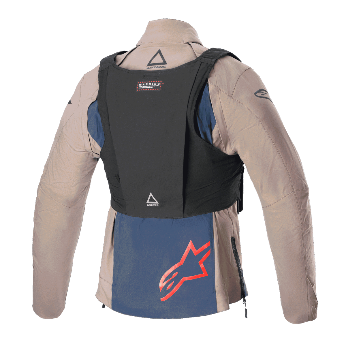 Casaco Alpinestars Techdura, Falcon Brown e Night Navy, vista traseira com colete tático preto, com logótipo Alpinestars vermelho no painel inferior azul marinho, construção têxtil robusta para enduro e todo-o-terreno