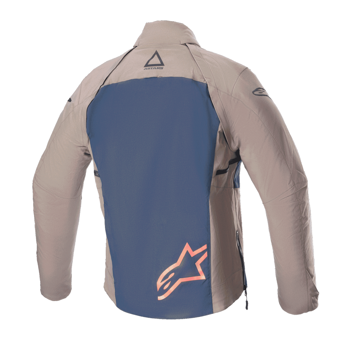 Casaco Alpinestars Techdura, vista traseira, Falcon Brown e Night Navy, com um painel traseiro azul-marinho com um logótipo de estrela grande em cor-de-laranja, mangas e ombros em têxtil castanho, construção em poliamida elástica durável para enduro e todo-o-terreno