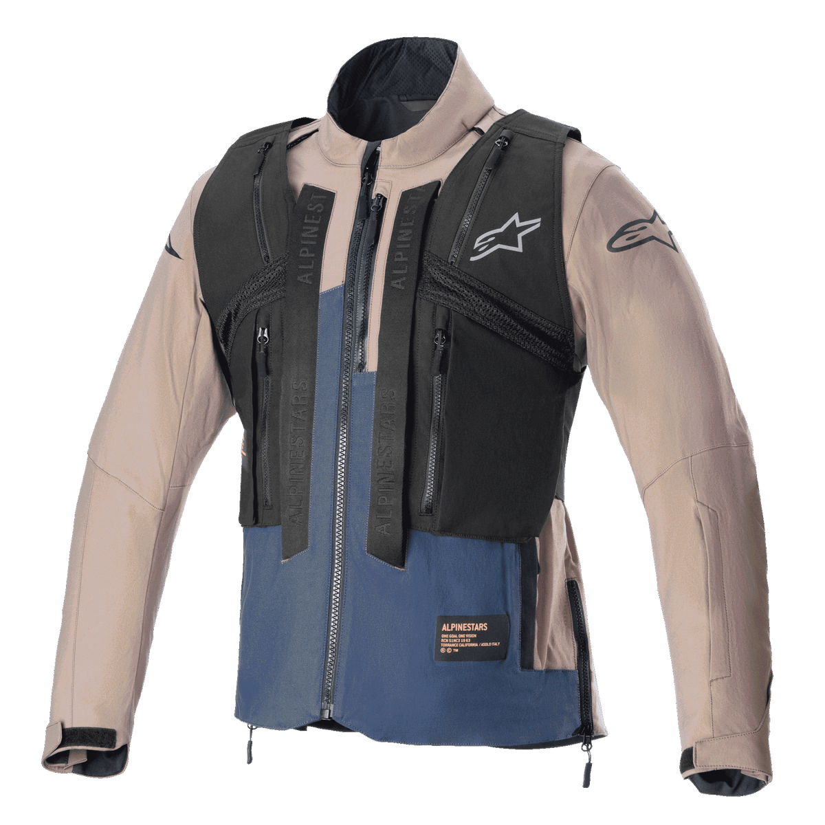 Alpinestars Techdura Jacket, casaco nas cores Falcon Brown e Night Navy, com colete tático preto amovível com vários bolsos com fecho, construção em poliamida elástica resistente, logótipo da estrela no peito e mangas, concebido para enduro e todo-o-terreno