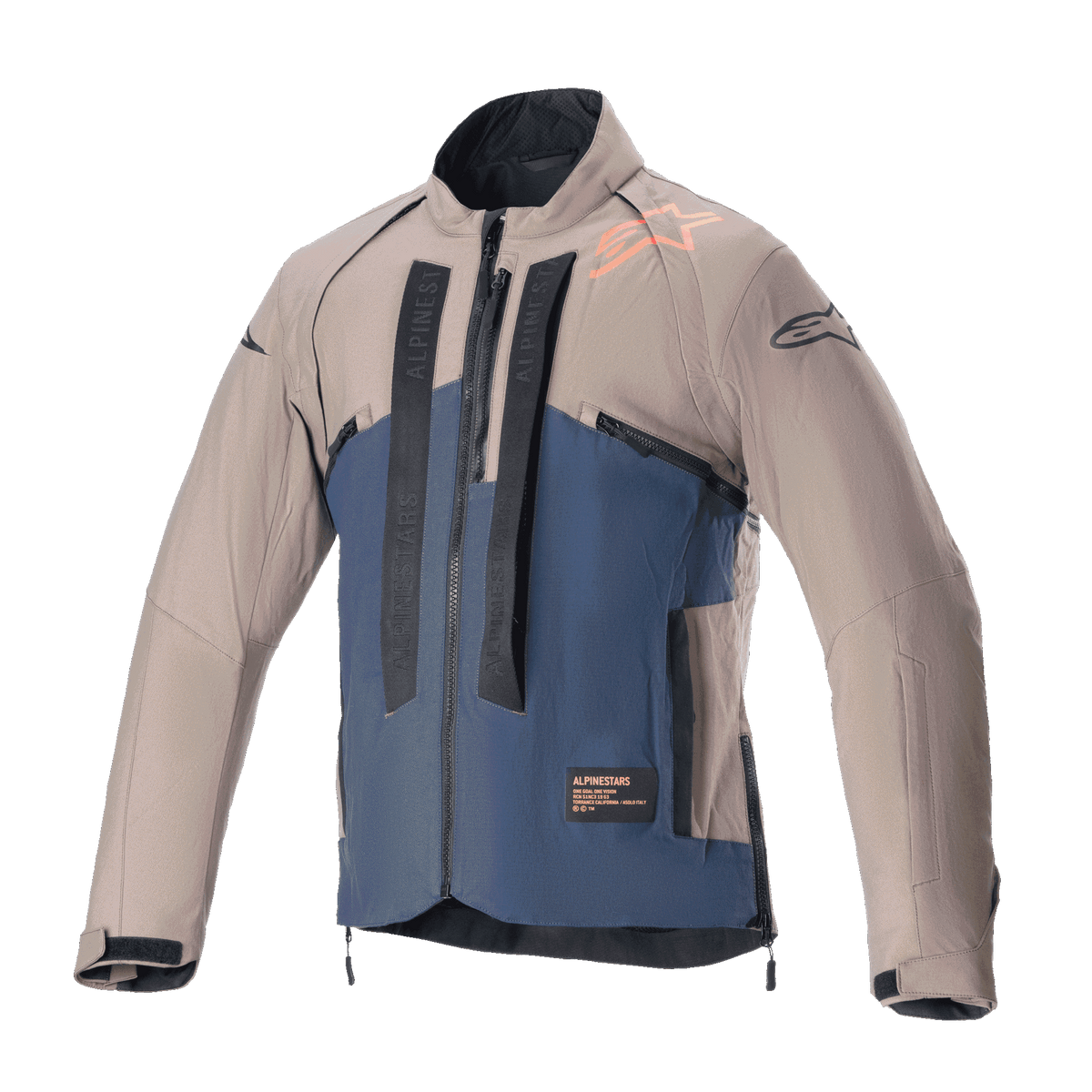 Casaco Alpinestars Techdura, casaco de motociclismo para todo-o-terreno, Falcon Brown e Night Navy, vista frontal, construção em dois tons com marca Alpinestars vertical em preto, logótipo cor-de-laranja no ombro, gola alta e fecho de correr frontal, vestuário técnico para enduro e condução de aventura