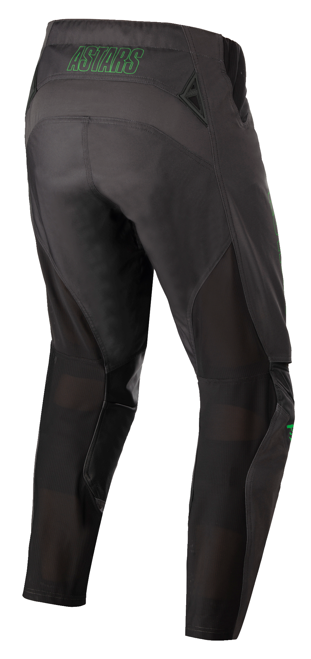 Alpinestars Techstar Phantom Pants, calças de motocross, antracite e verde néon, vista traseira com marca 'ASTARS' em verde néon na cintura, painéis de ventilação em malha na parte de trás das pernas e assento reforçado para durabilidade em corridas todo-o-terreno