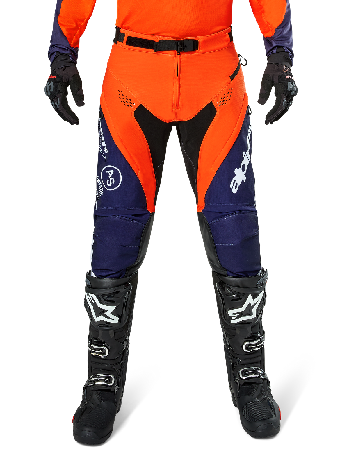 Alpinestars Pro-Dura Pants, Motocross and Enduro Pants, Navy Hot Orange and White, featuring black panels and white logos, worn with black off-road boots and gloves, professional protective gear for trail and off-road riding