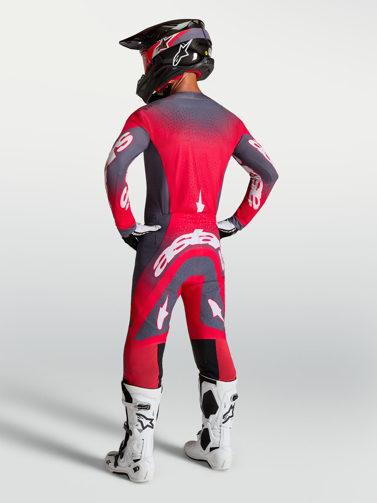 Alpinestars Supertech Hiten AFD Pants, Men's Motocross Pants, Graystone and Red Fluo, athletic fit, rear view on model.
