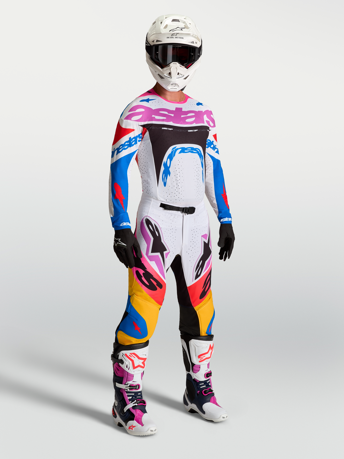 Calças Alpinestars Supertech Dyna, motocross para homem, brancas e azuis, construção rip-stop e ajuste atlético.