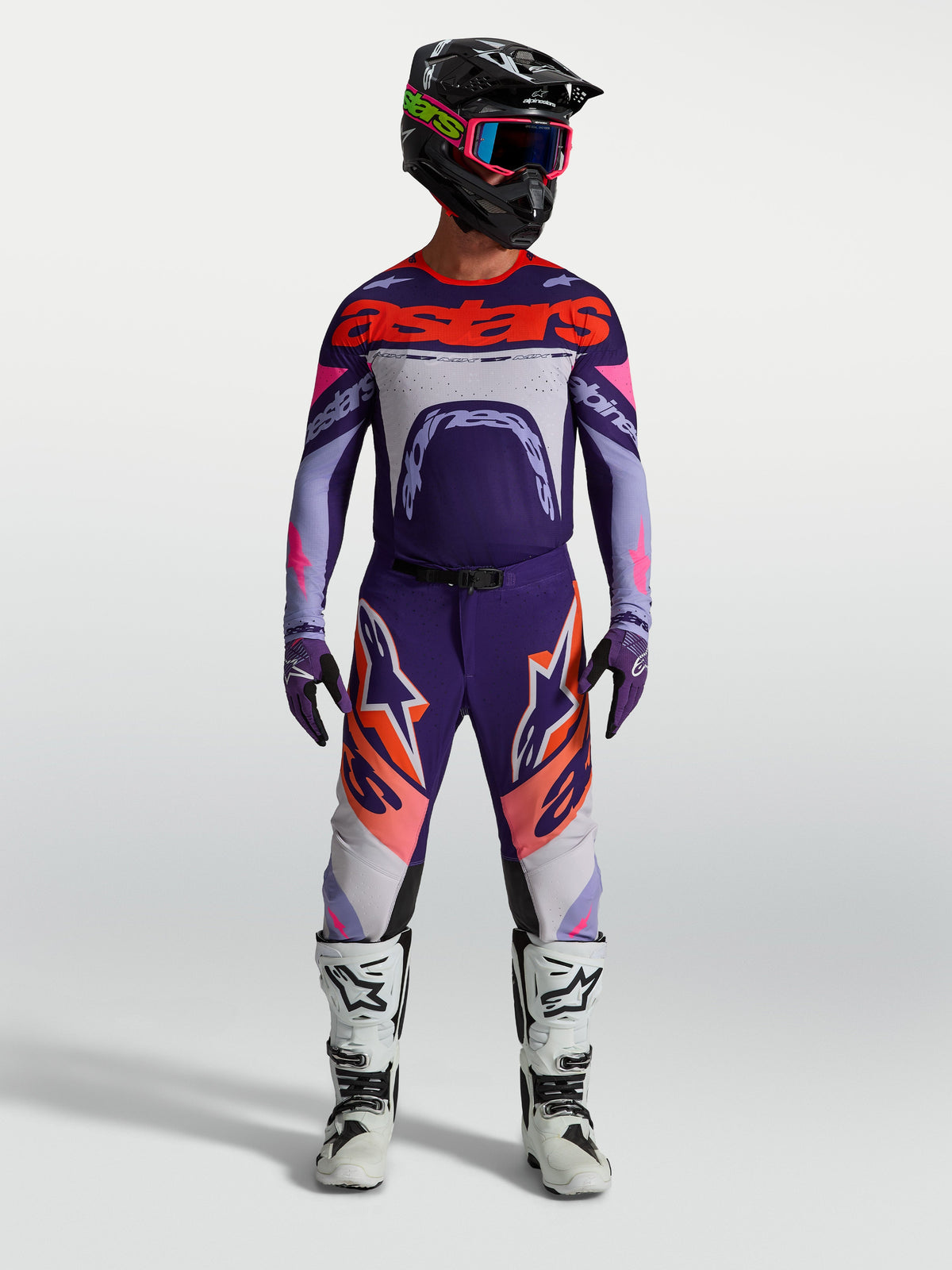 Alpinestars Supertech Dyna, conjunto de motocross para homem, roxo e rosa fluo, camisola e calças de competição