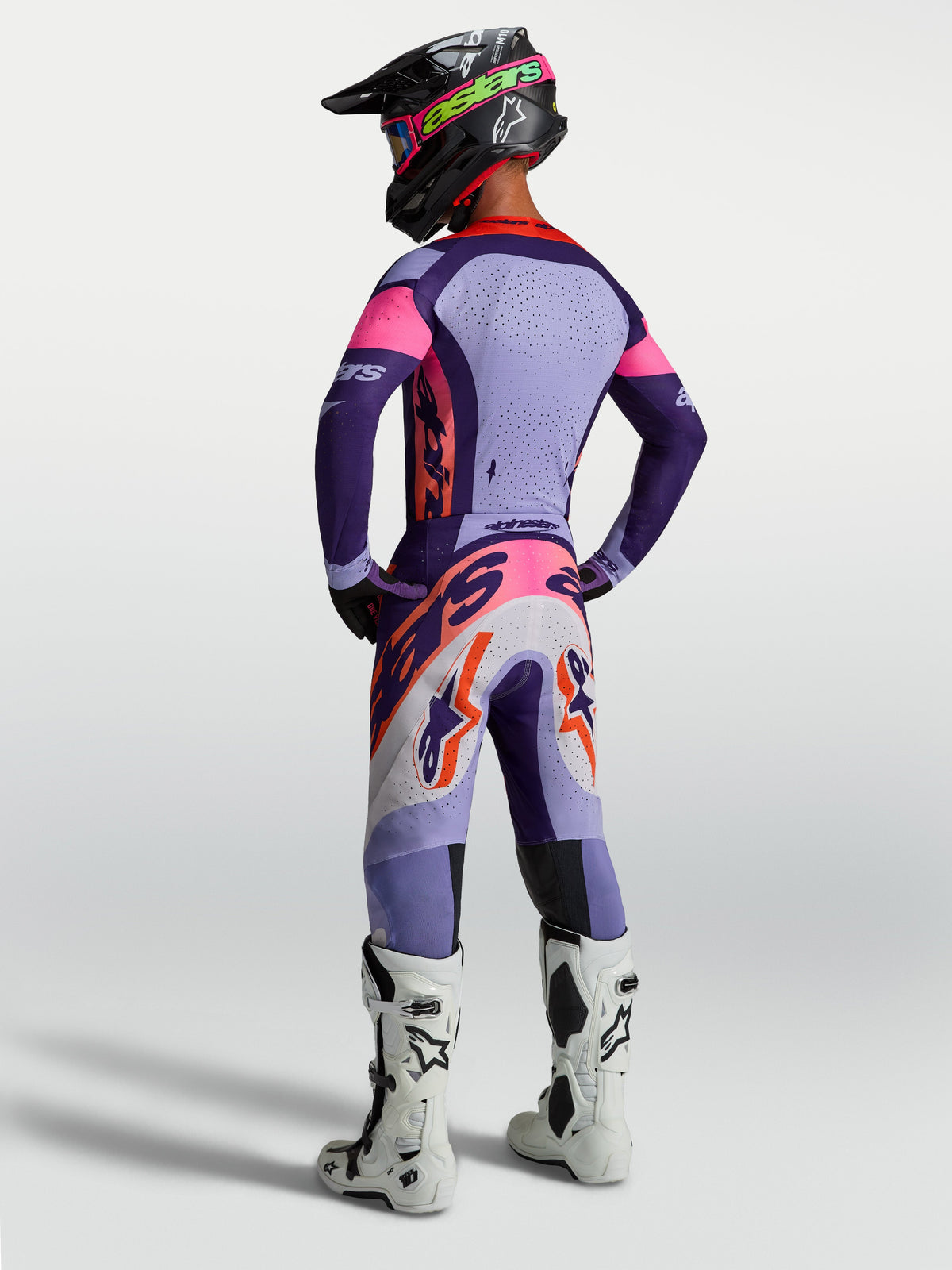Alpinestars Supertech Dyna AND Supertech Dyna Gear Set, conjunto de motocross para homem, roxo e rosa, vista traseira.