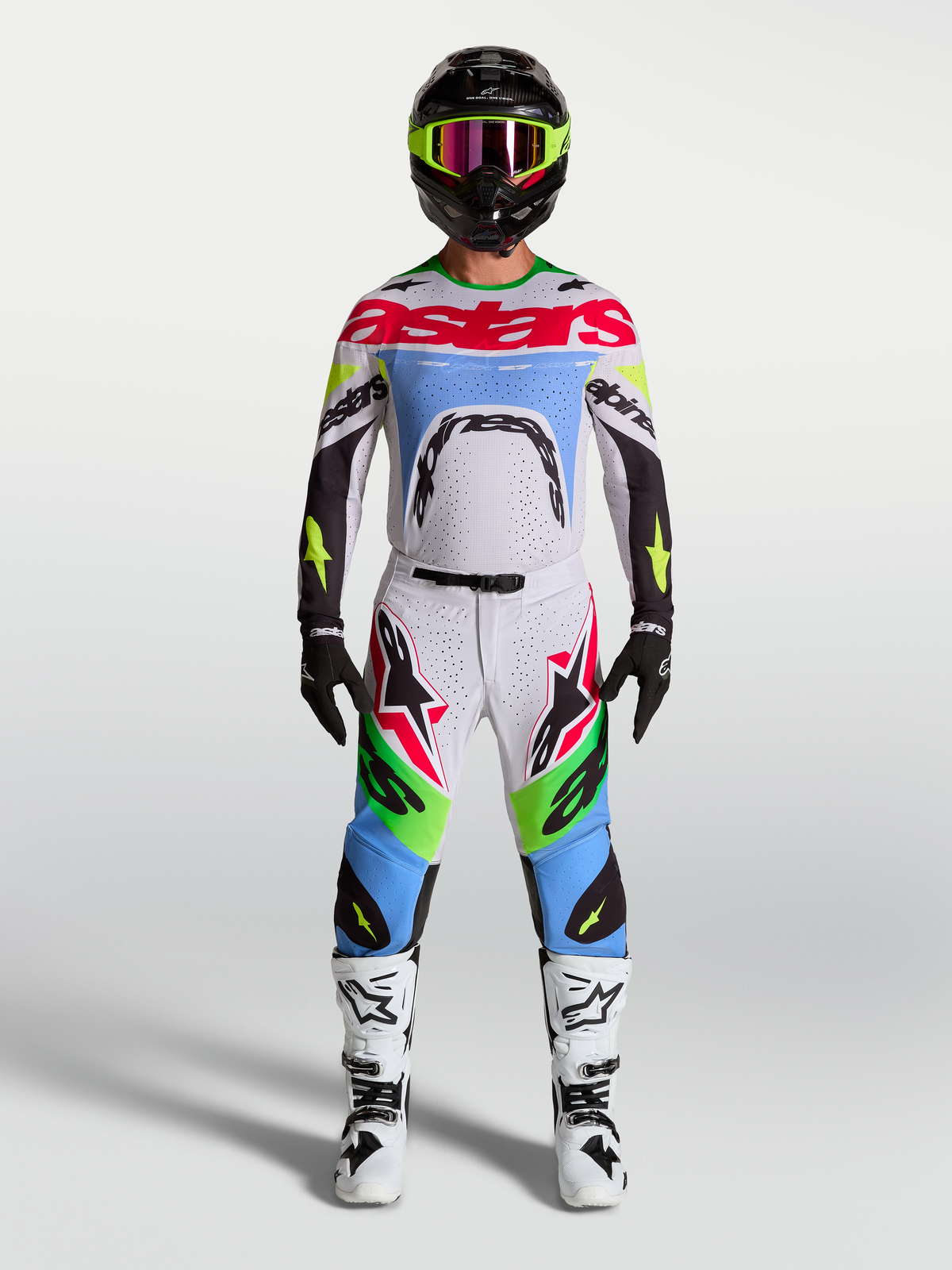 Alpinestars Calças Supertech Dyna, equipamento de motocross para homem, verde fluo e lilás claro, rip-stop elástico de alto desempenho.